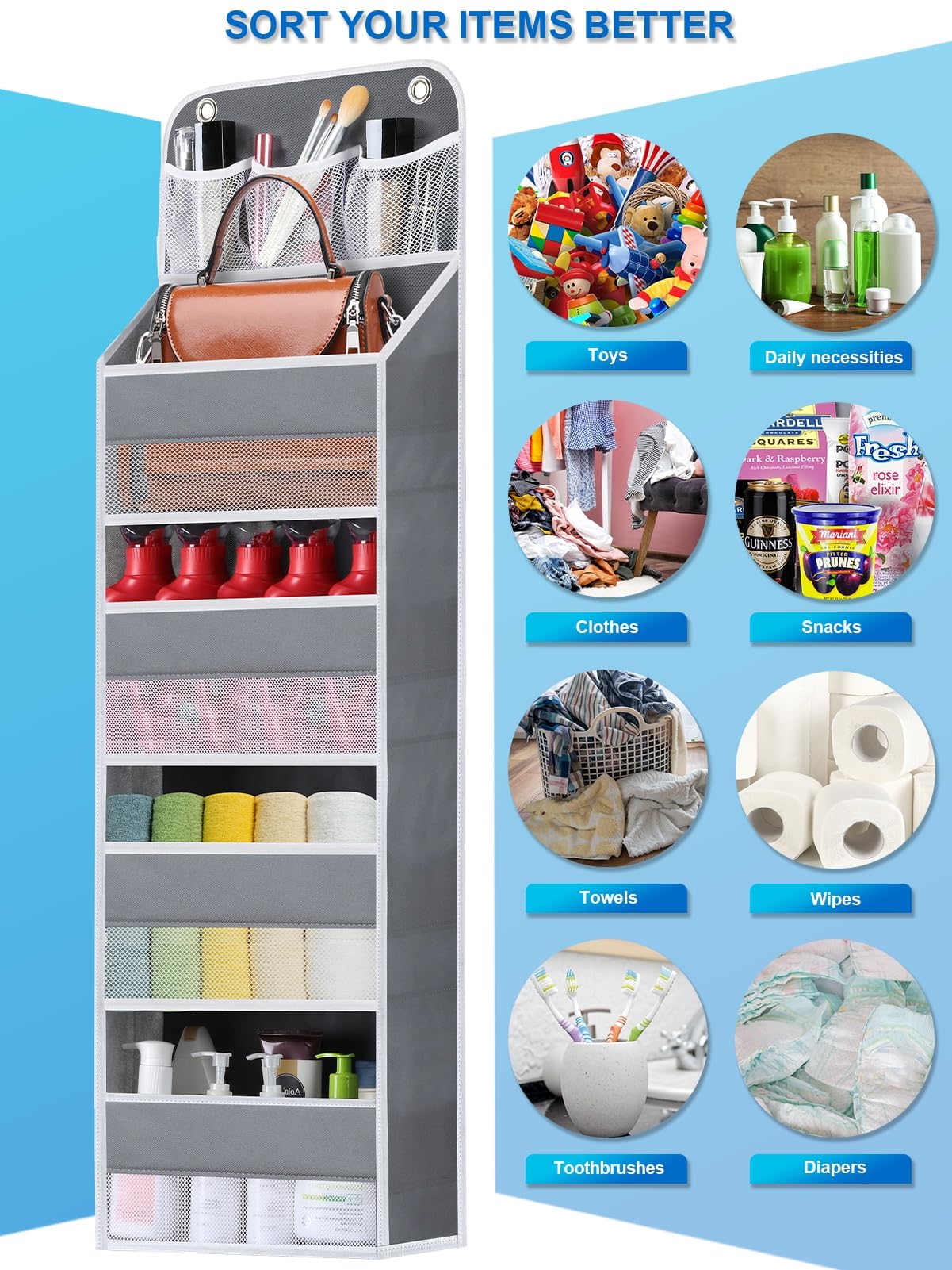 Wakaye 2 Pack 5-Shelf Over The Door Organizer - Hanging Storage Door Organizer With 4 Foldable Big Pocket Storage, Anti Tilt Clo