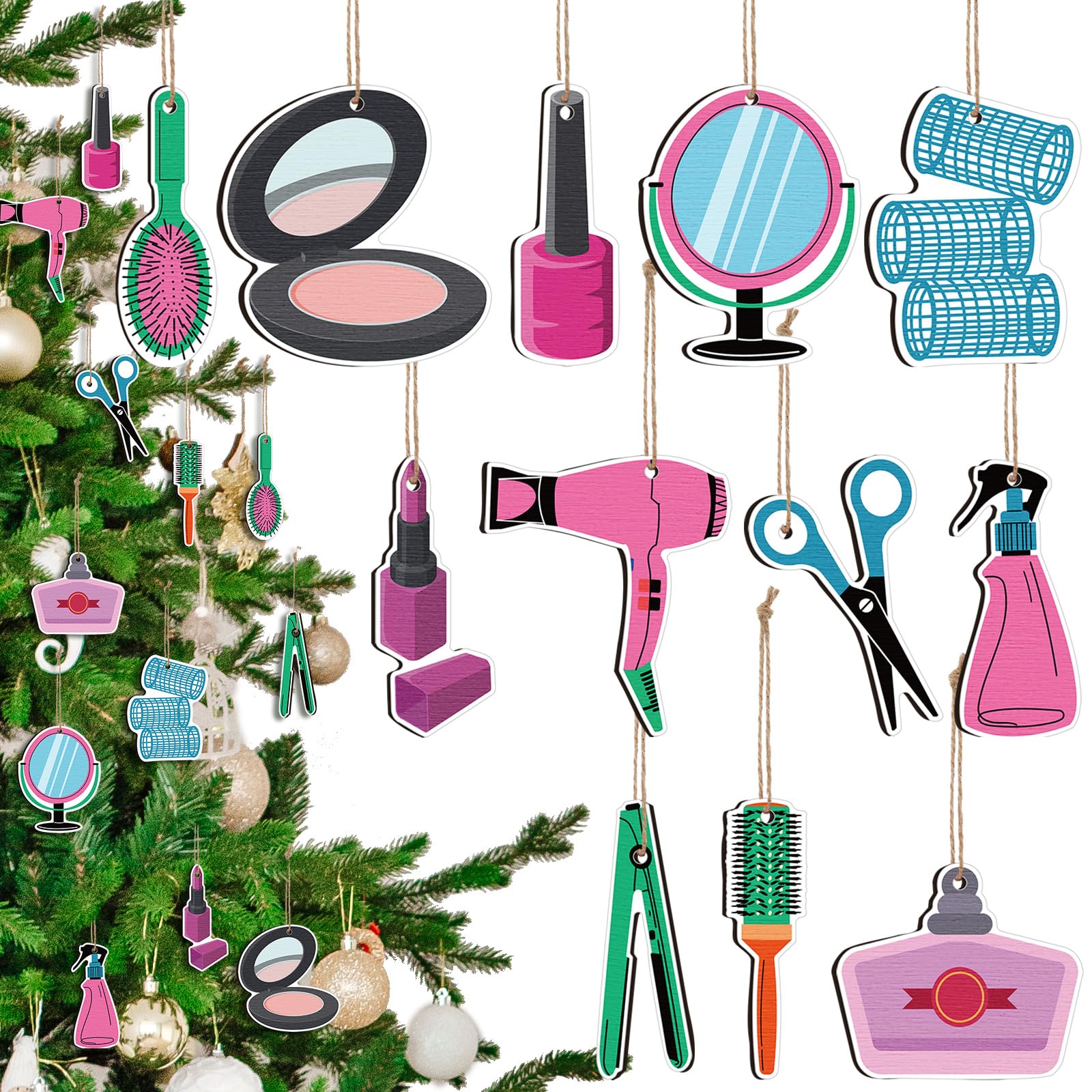 Vercraft 24 Pcs Hairdresser Ornaments Christmas Tree Hair Salon Barber Decorations Hairstylist Gifts Wooden Makeup Hanging Ornam