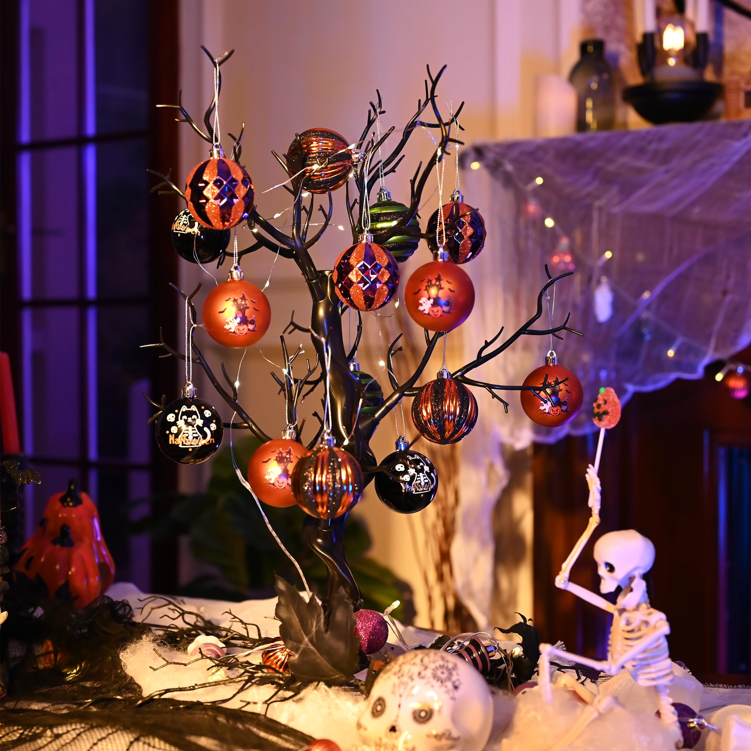 Valery Madelyn Halloween Ornaments Tree Decorations Indoor, 16ct 2 Inch Shatterproof Black Cat Castle Vintage Decorative Hanging
