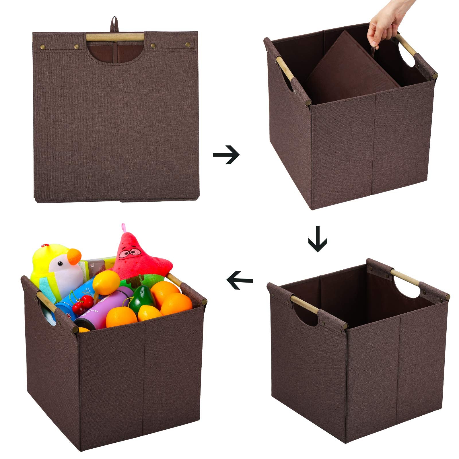 Hoonex Collapsible Storage Bins, 13X13X13 Inches Storage Cubes Linen Fabric, 3 Pack, Storage Baskets With Wooden Carry Handles A