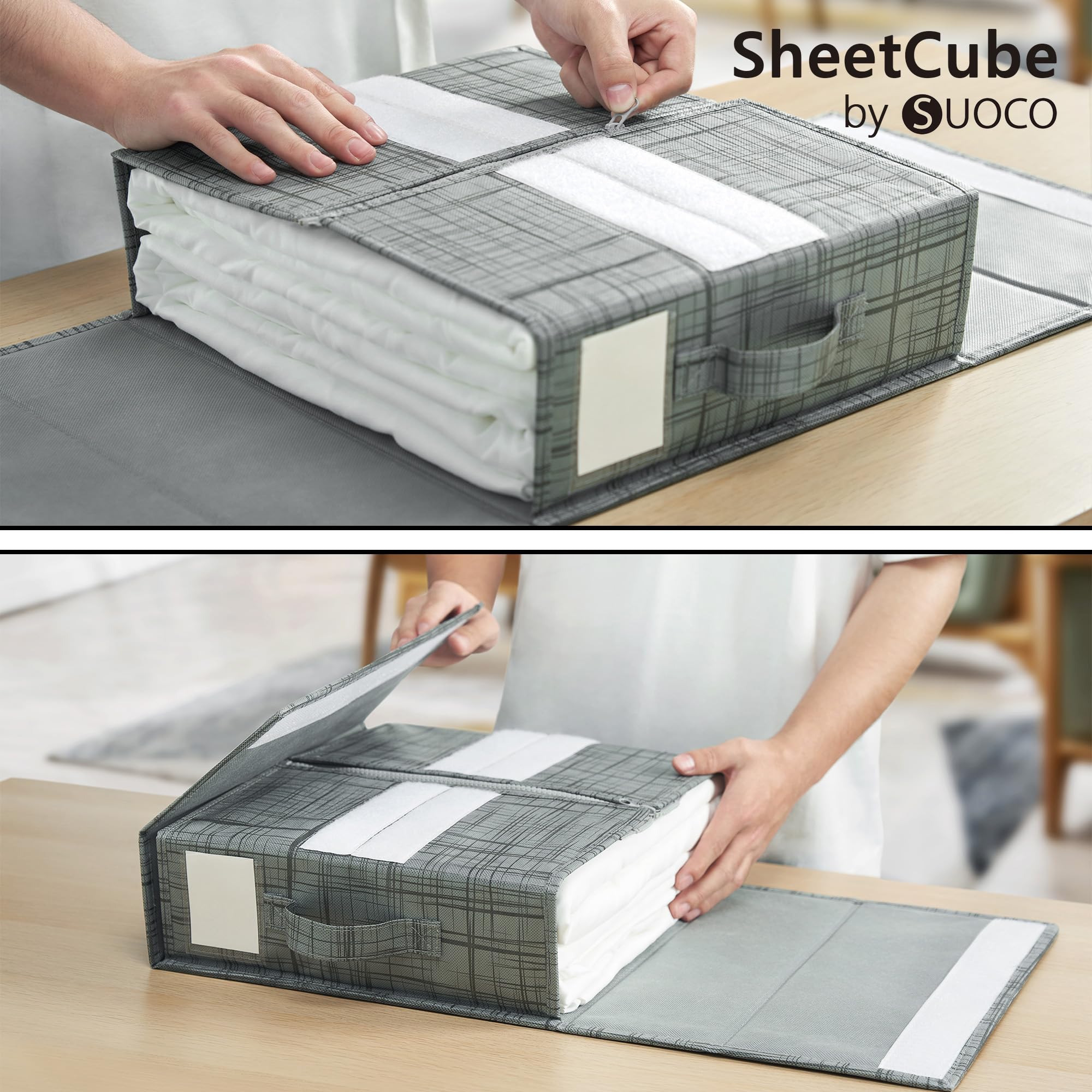SheetCube 8 Pack Bed Sheet Organizers and Storage, Foldable Bedding Storage Box Container with Window and Label, Linen Closet Or