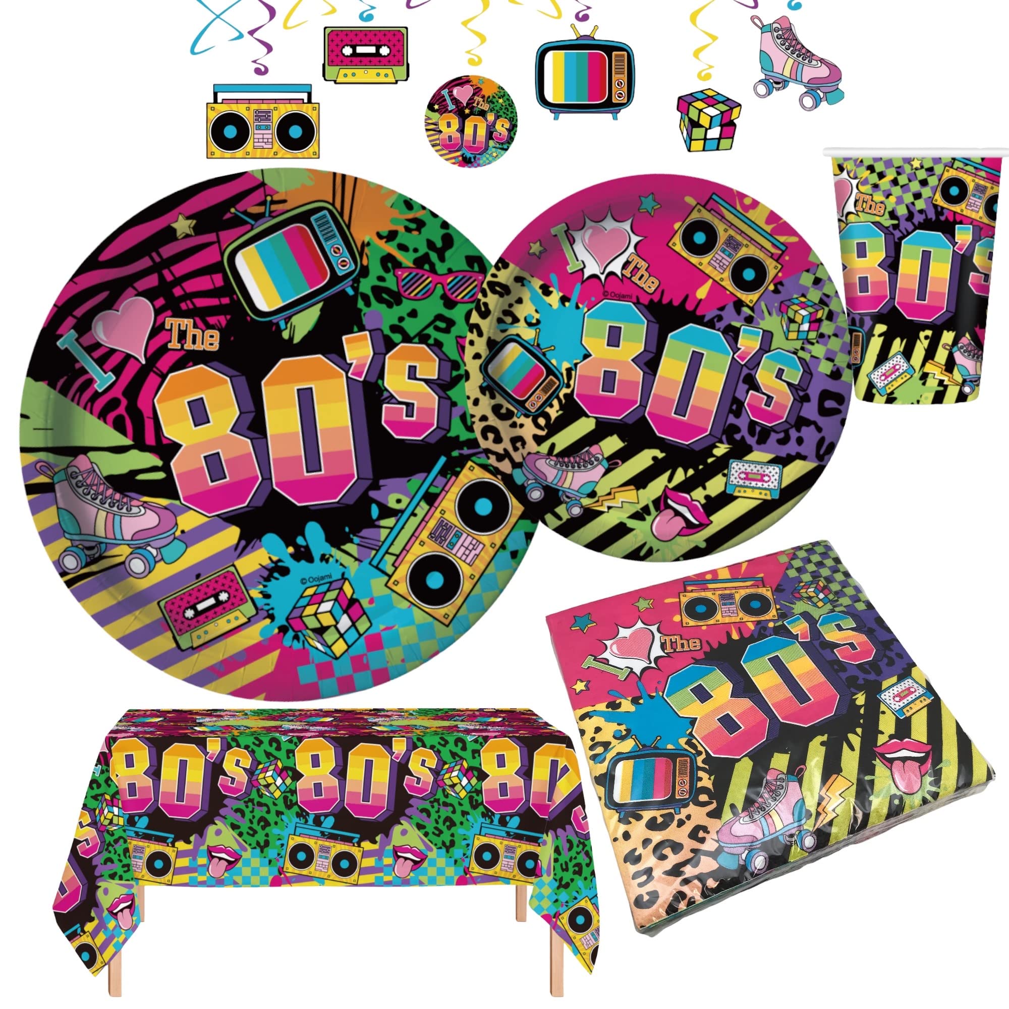 Oojami Serves 24 Complete 80'S Themed Birthday Party Pack Includes Paper Plates, Cups, Napkins, 2 Table Covers, Swirls, Ideal Fo