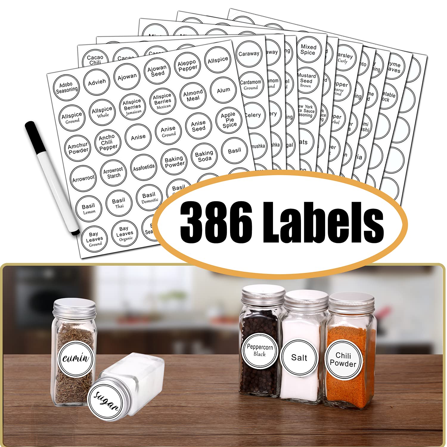 Swommoly 36 Glass Spice Jars With 806 White Spice Labels, Chalk Marker And Funnel Complete Set. Square Bottles 4 Oz Empty Spice