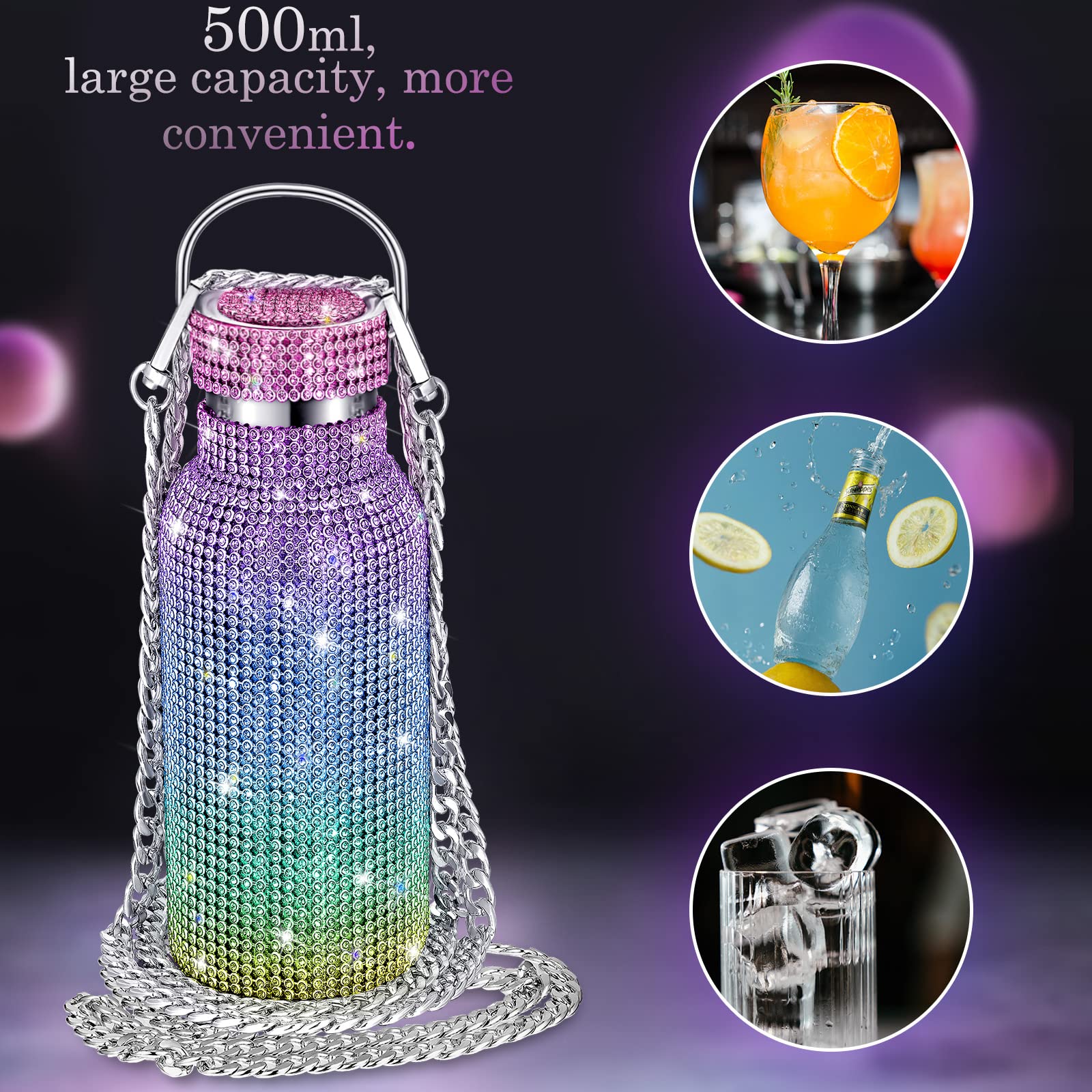 Diamond Insulated Water Bottle Bling Rhinestone Stainless Steel Refillable Glitter Thermal Bottle With Chain For Women Girls Gif