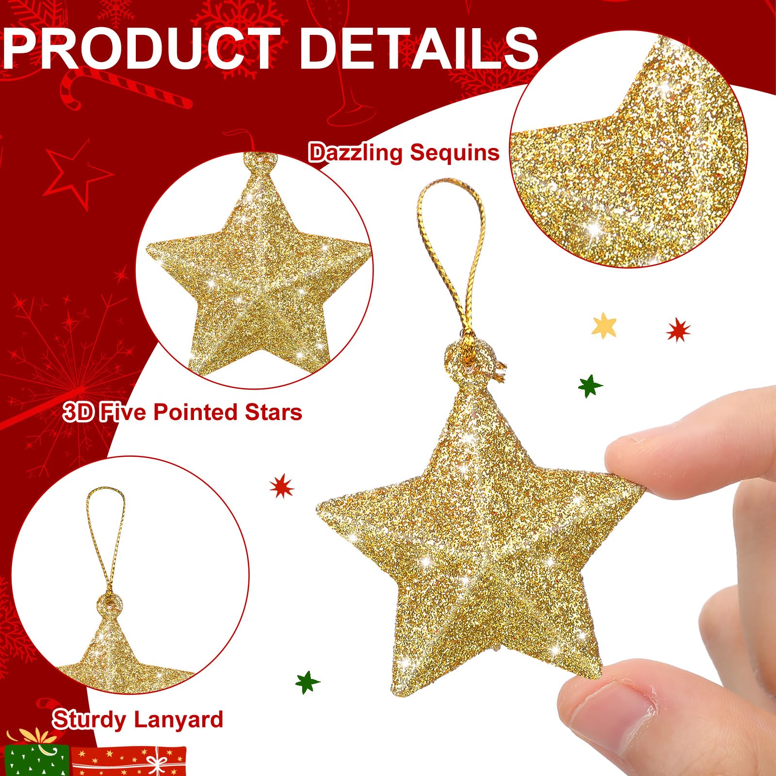 Shappy 48 Pcs Glitter Star Ornaments Christmas Tree Mini Hanging Stars Christmas Decorations Plastic Festive Embellishments for