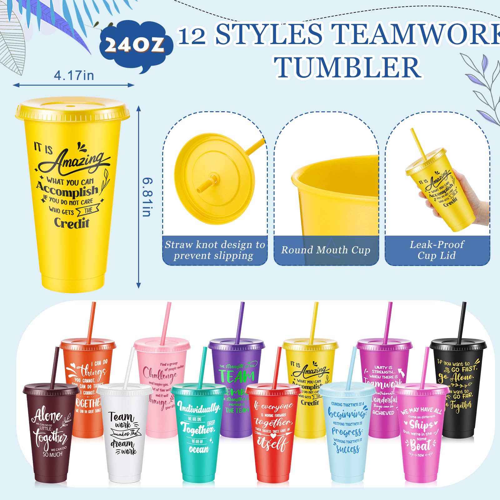 Hollowfly 12 Sets / 48 Pcs Team Appreciation Gifts for Employee 24 oz Inspirational Plastic Cups Bulk with Lid and Straw Noteboo