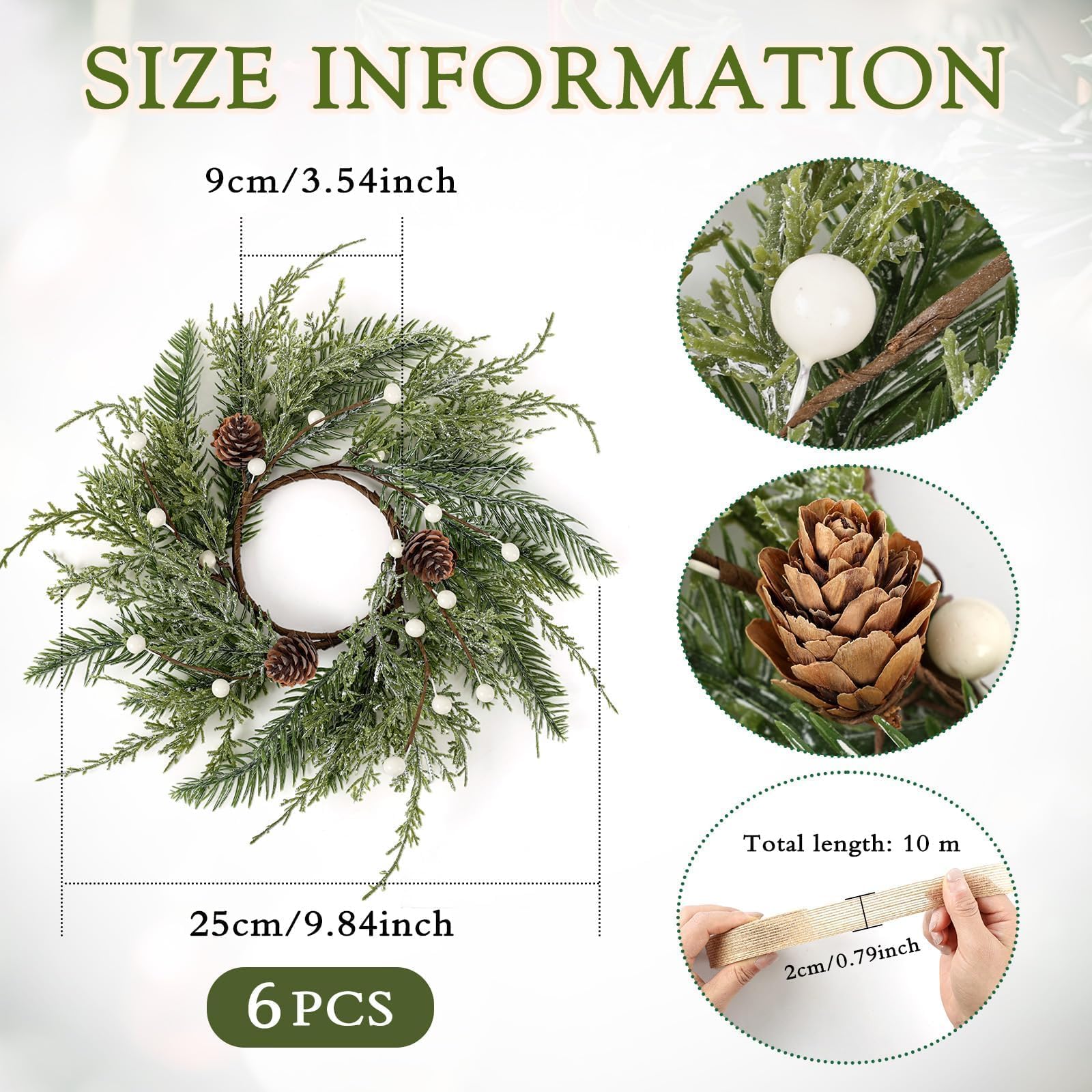 4 PCS Christmas Wreath Christmas Kitchen Cabinet Wreaths with Burlap Ribbon Mini Wreath Pine Garland Frosted Cedar Pine Cone Han