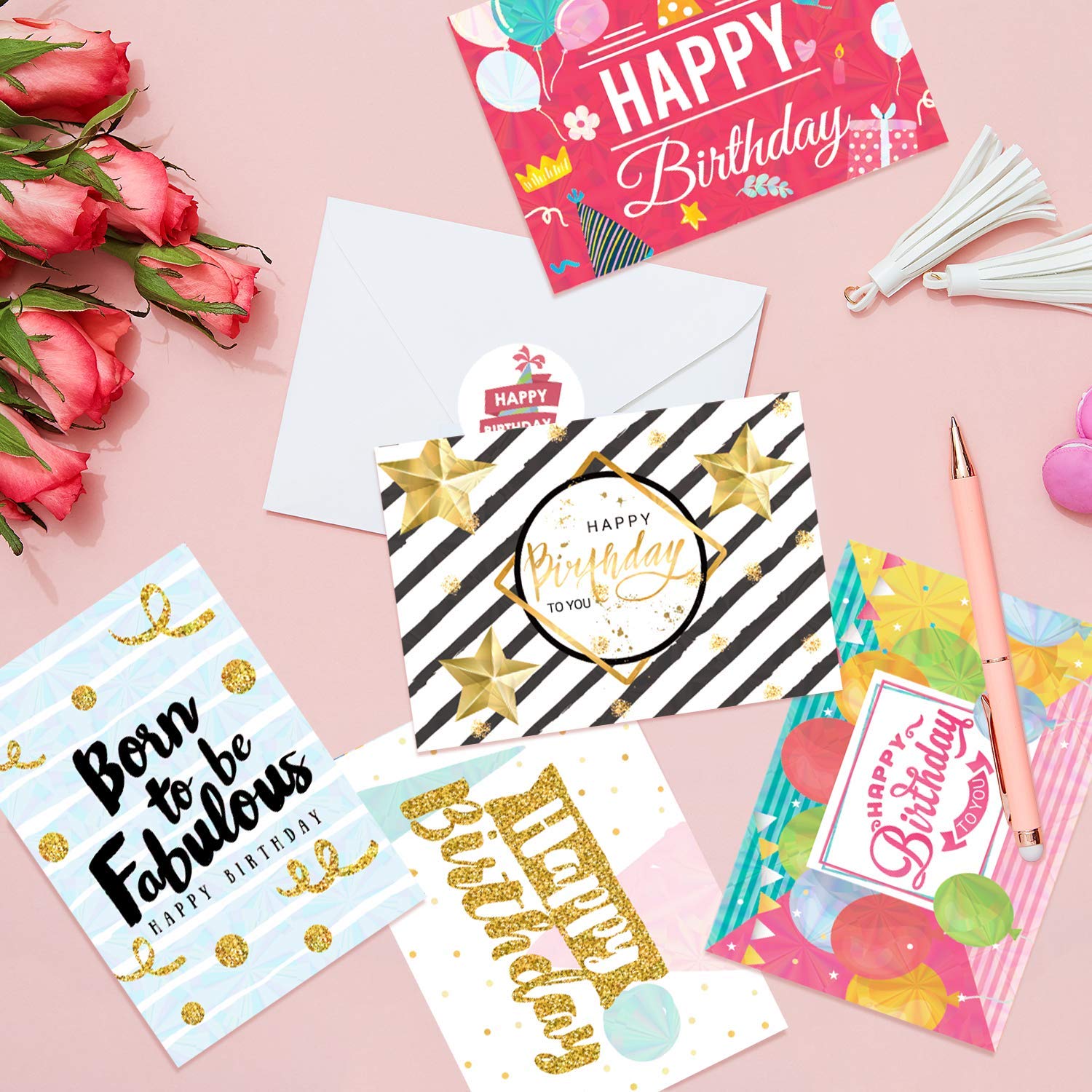 DEEPLAY 24 Birthday Posters Assortment  Elegant Bulk Notes Embossed with gold Foil Letters  with Envelopes and Stickers (47*67)
