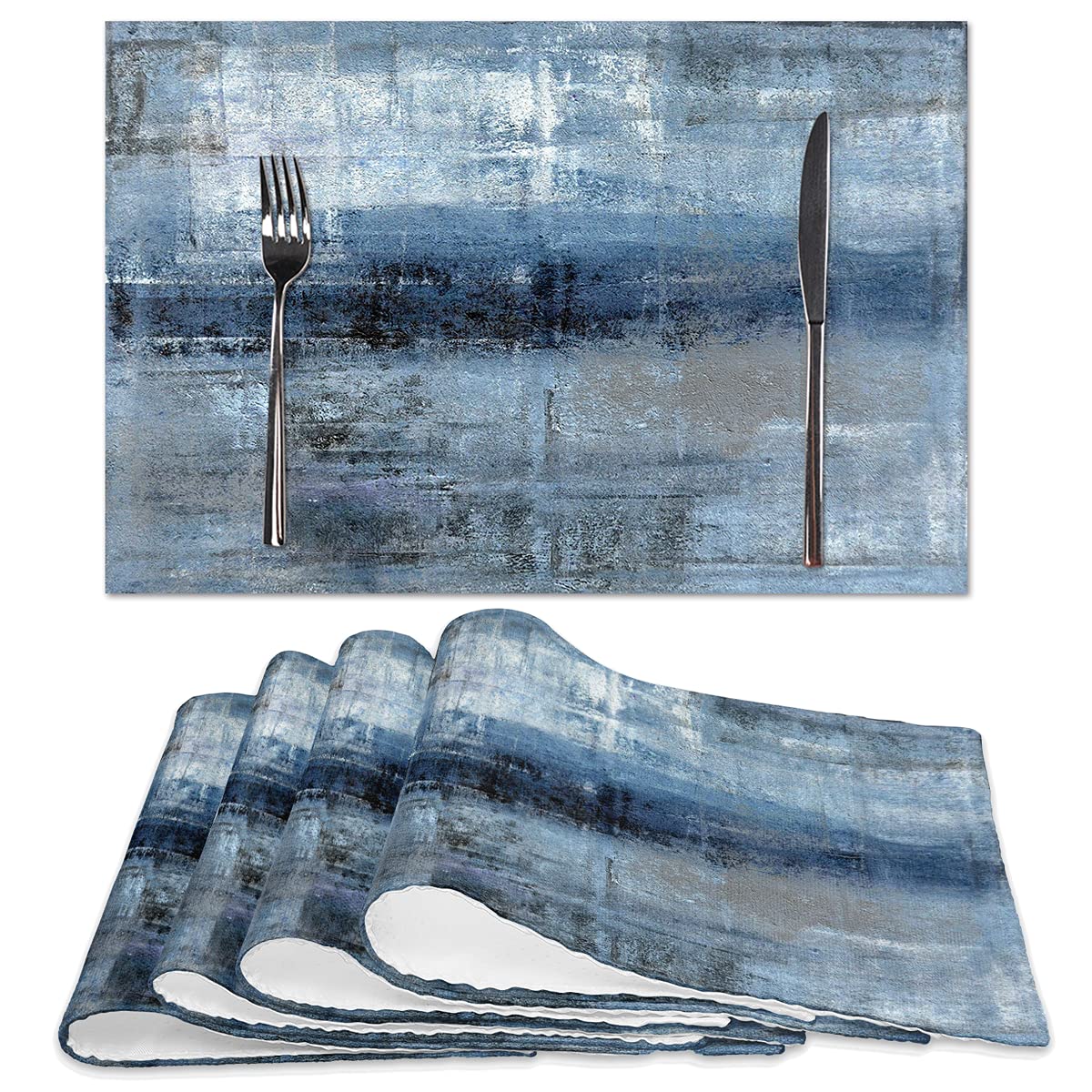 Blue And Grey Placemats Set Of 4 Modern Abstract Art Placemats Heat Resistant Non-Slip Artwork Dining Placemats Washable Table M