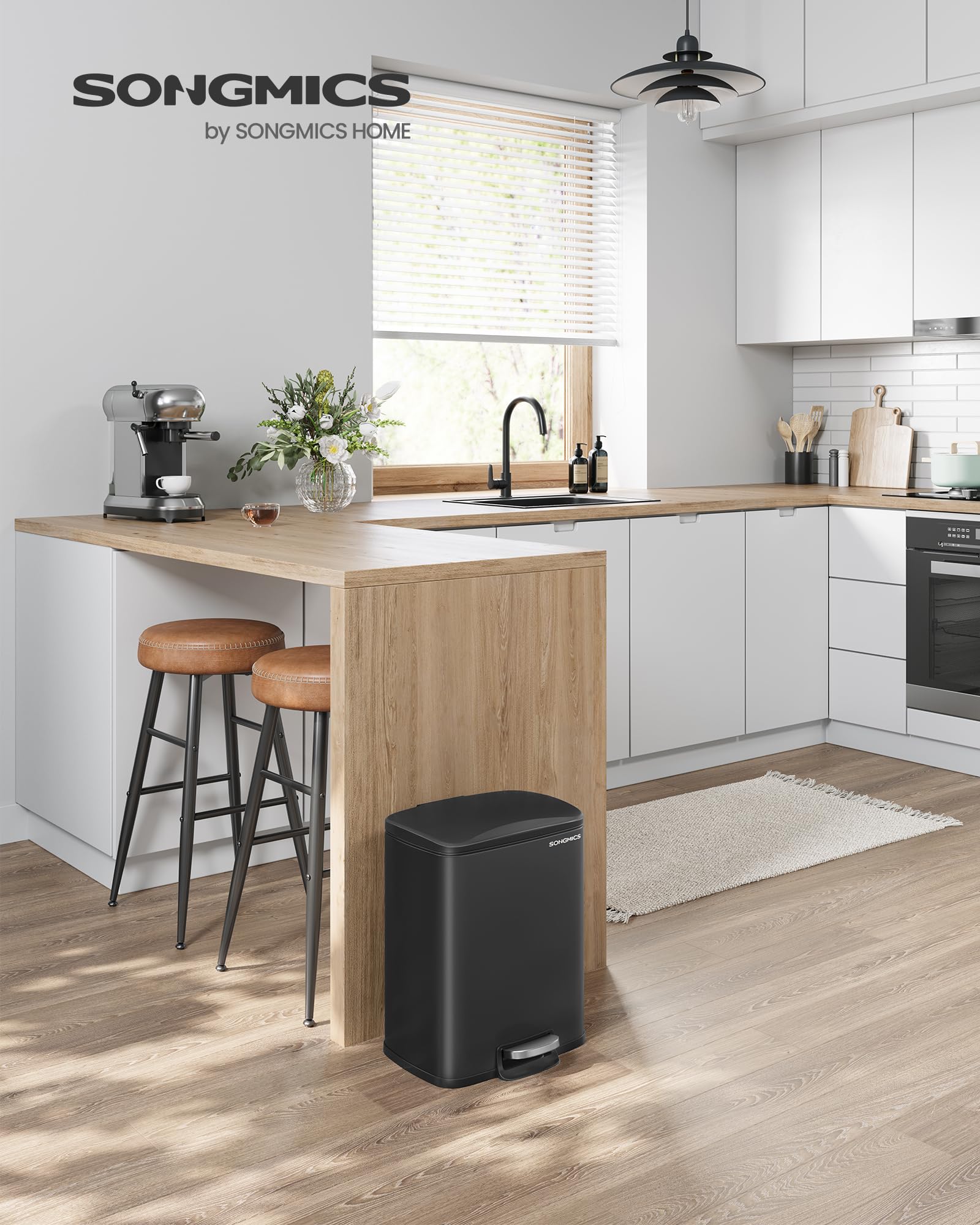 Songmics Trash Can, Garbage Can With Lid, 5.2-Gallon (20L) Step Trash Bin For Kitchen, Stainless Steel, Soft Close And Stays Ope