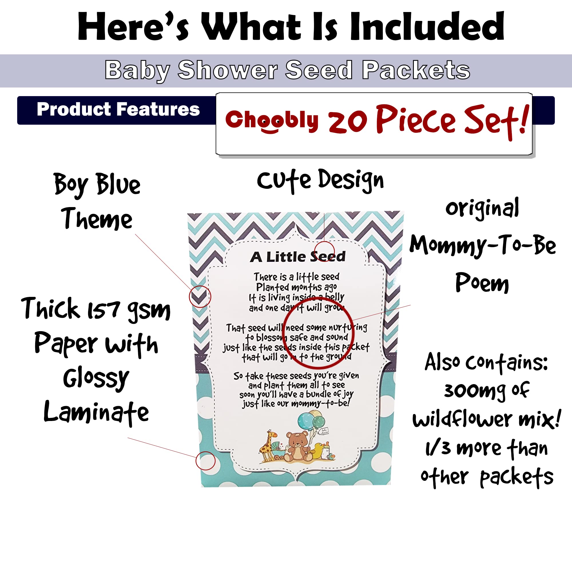Choobly | Boy Baby Shower Favors For Guests | 20 Wildflower Seeds Packets | Pre-Filled | Bouquet Seed Mix | Non-Gmo Seeds | Seed