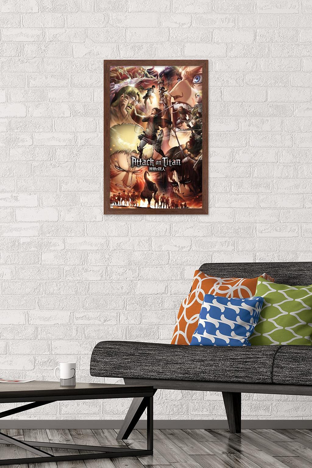 Trends International Attack On Titan: Season 3 - Key Art Wall Poster, 14.72'' X 22.37'', Mahogany Framed Version