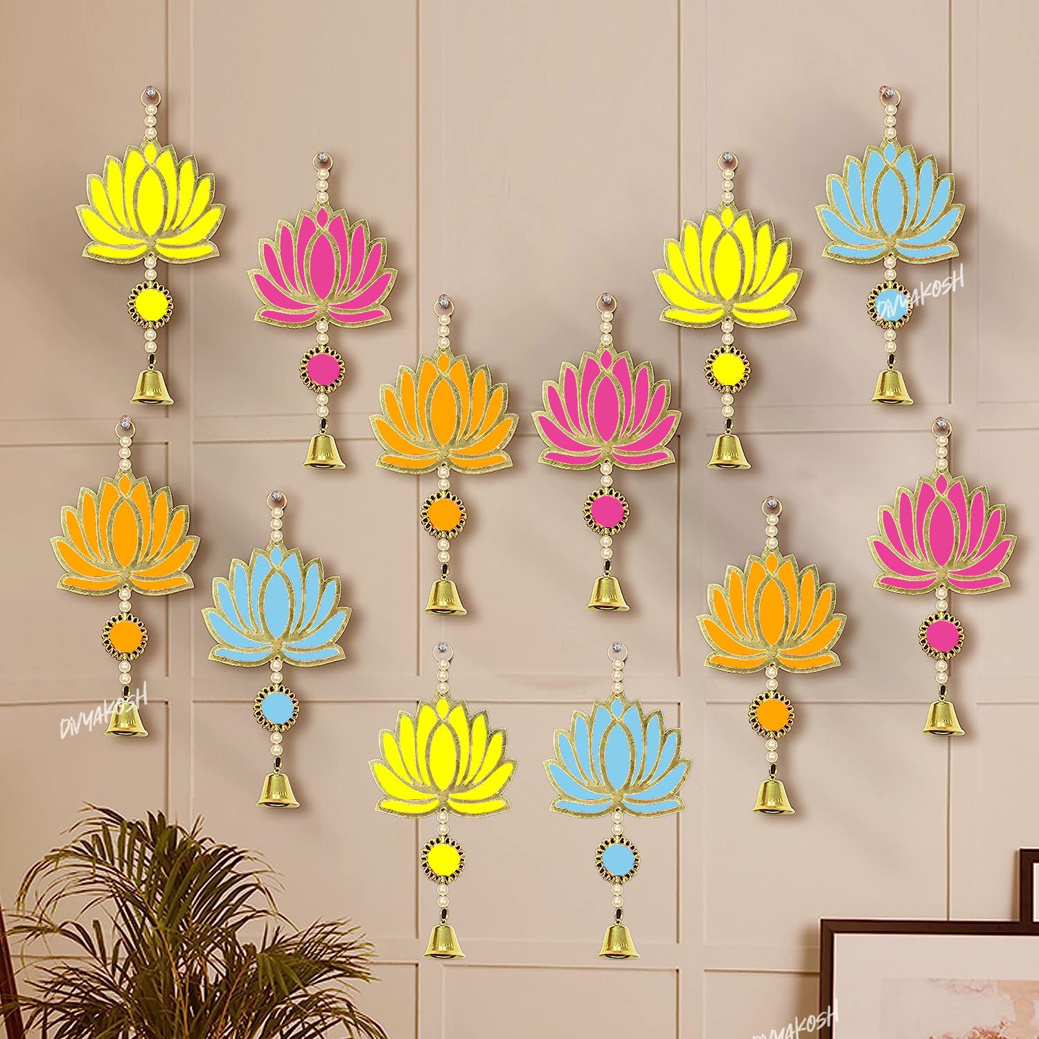 Divyakosh Lotus Wall Hangings 12 Pcs,Multicolor, Pom-Pom Style, Home Decor Items, Temple Decoration, Pooja Room Decoration Items