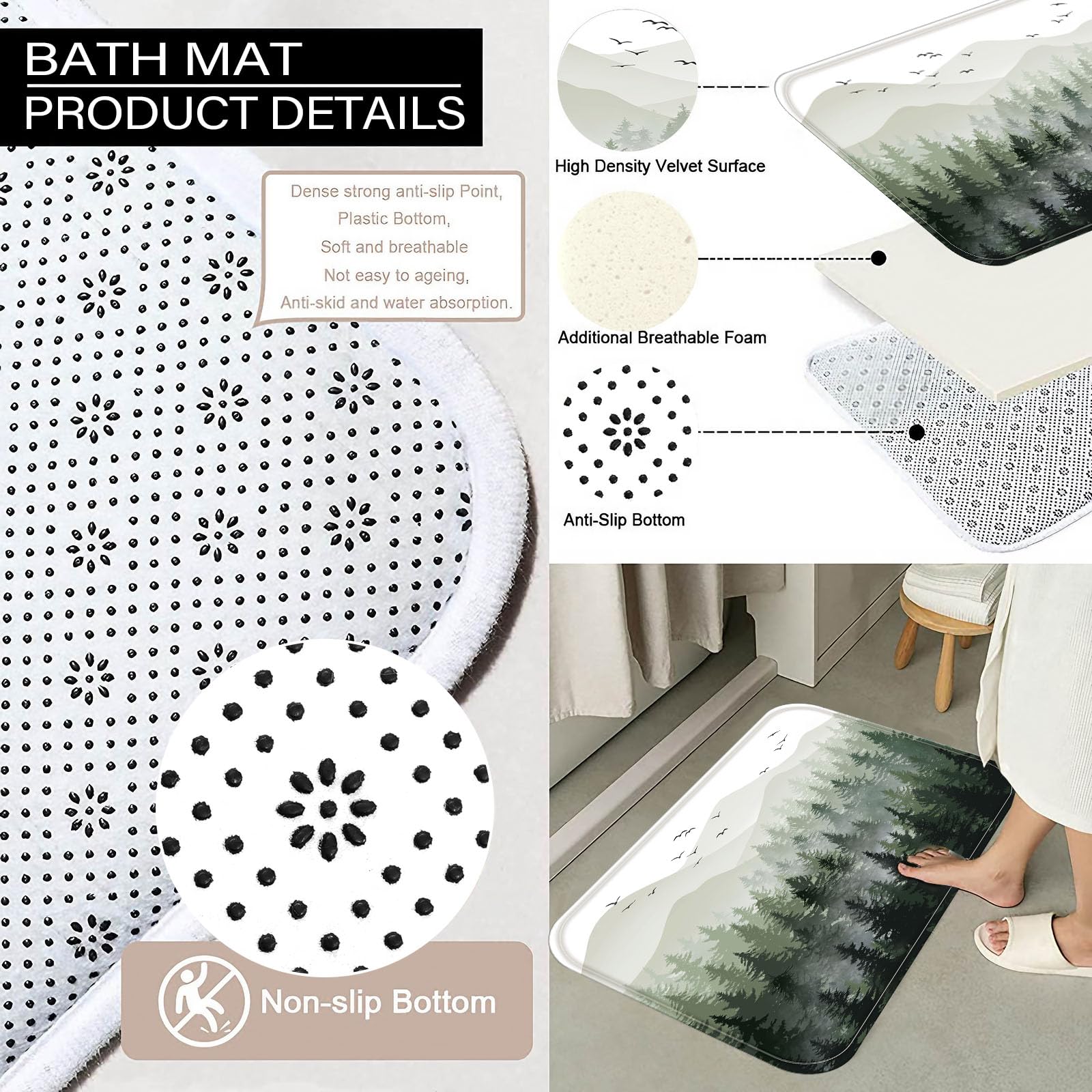 Accnicc Green Misty Forest Bathroom Rugs Mat Nature Tree Mountain Bath Rug Water Absorbent Non Slip Shower Mat Memory Foam Bath