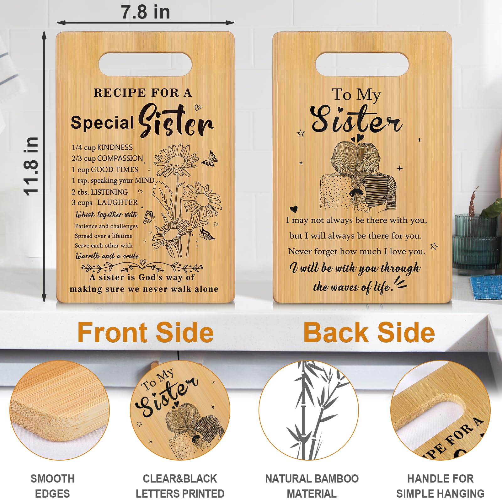 Gifts for Sister, Sister Birthday Gifts from Sisters - Unique Engraved Cutting Board Decorations Present, Best Friendship Soul G
