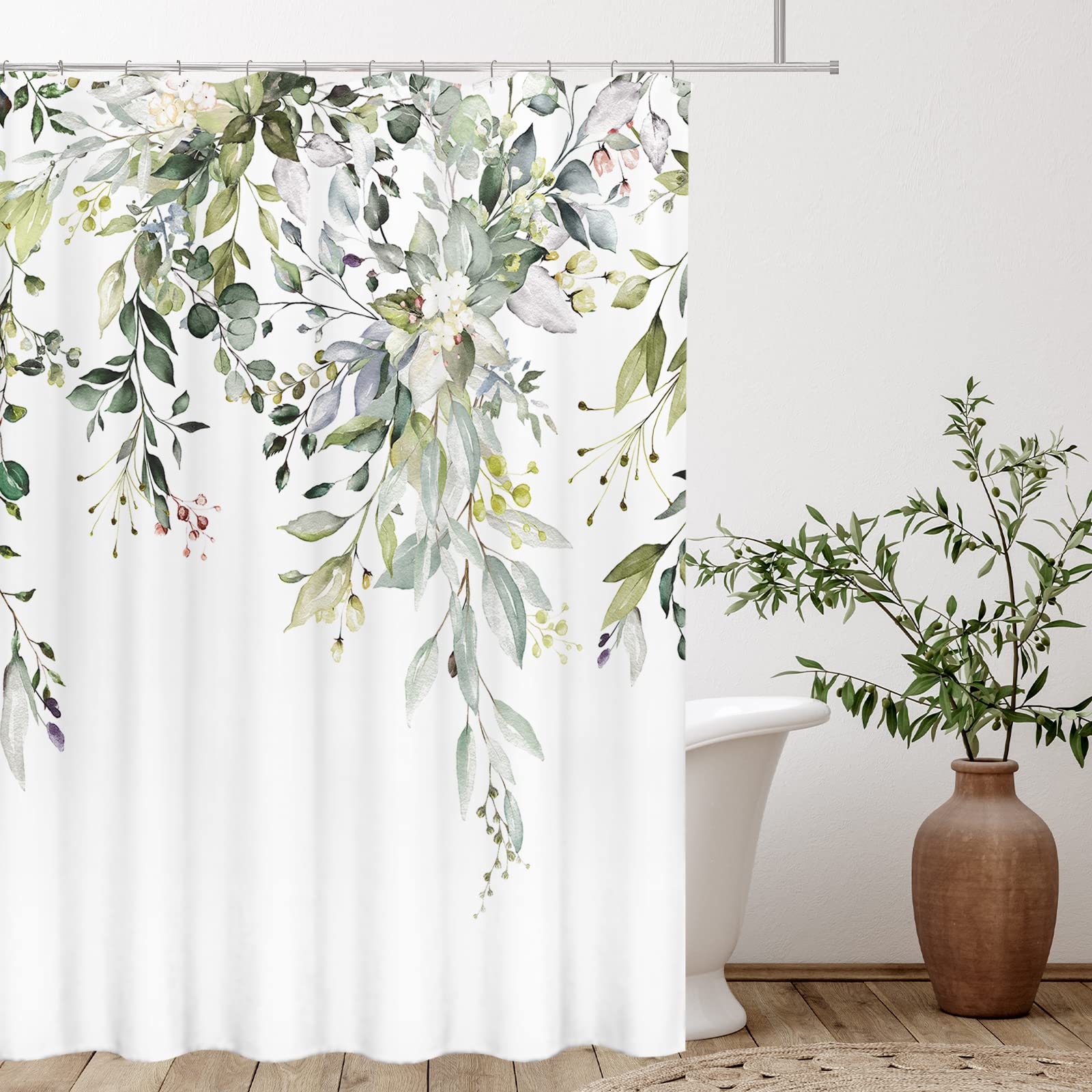 Tititex Green Eucalyptus Shower Curtain Sets, Watercolor Leaves On The Top Plant With Floral Bathroom Decoration 60X72 Inch With