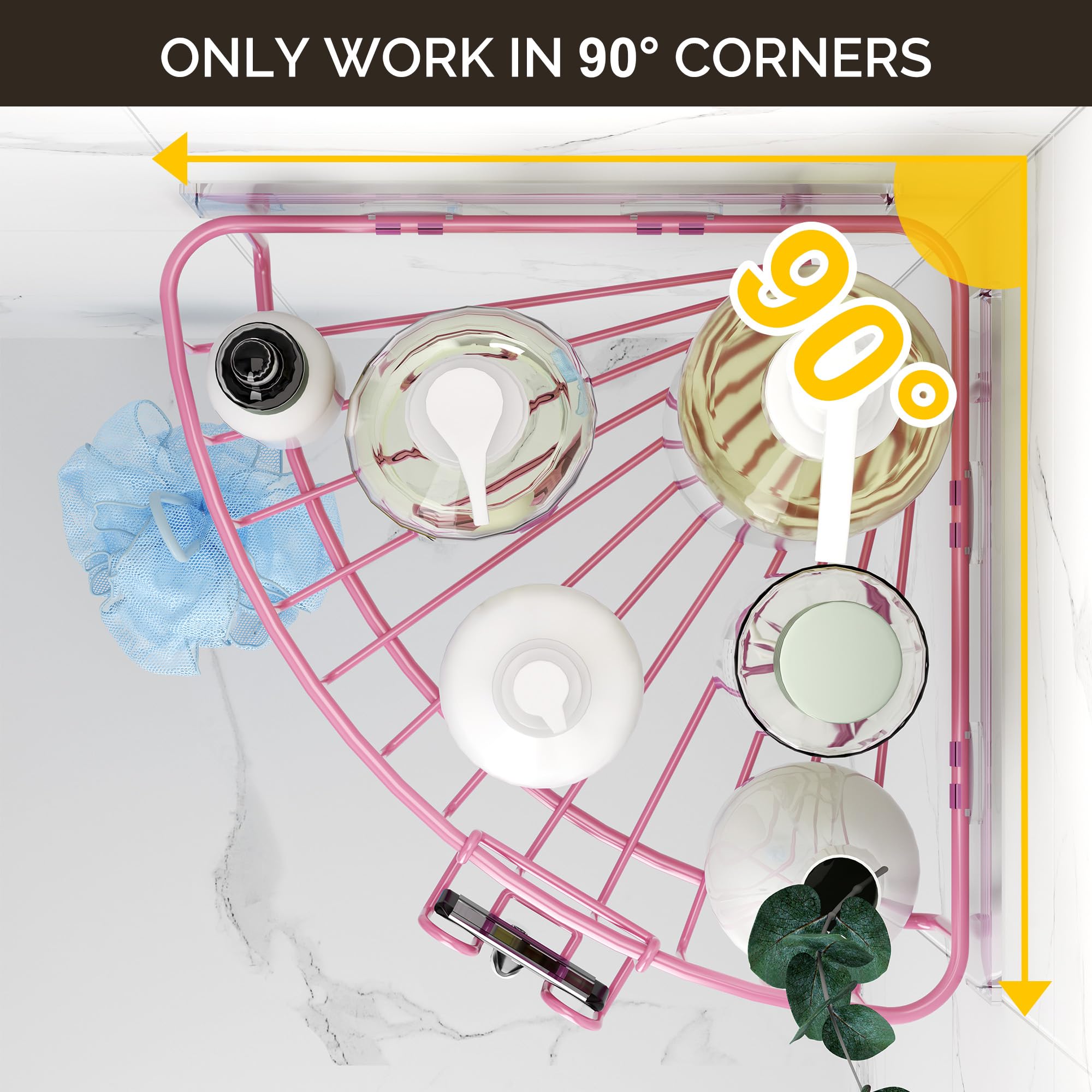Orimade Corner Shower Caddy With 2 Hooks Wall Mounted Metal Bathroom Shelf Storage Organizer Adhesive No Drilling 2 Pack, Pink O