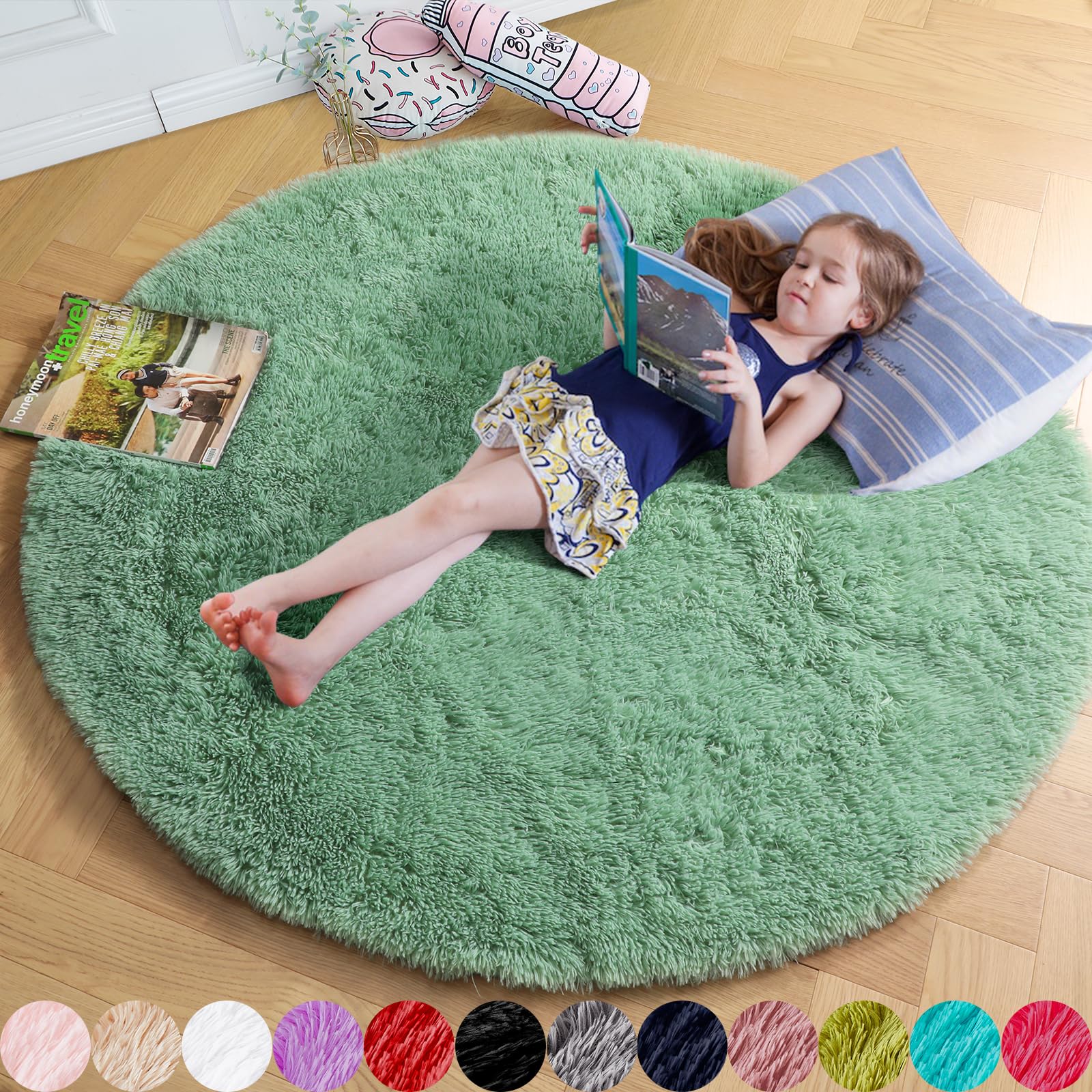 Amdrebio Sage Green Round Rug 6Ft for Living Room Bedroom, Fluffy Furry Circle Rugs for Nursery, Classroom, Baby Kids Room Decor