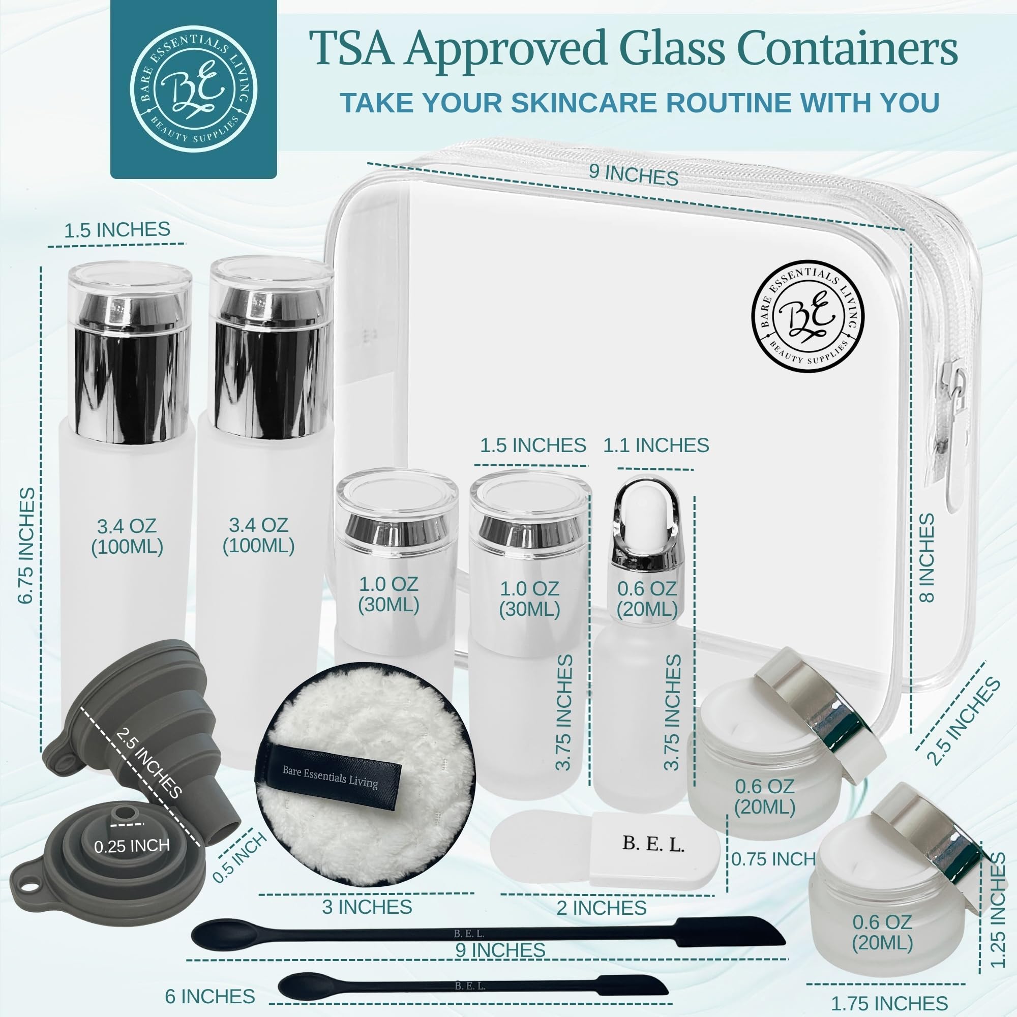 14 Pcs Travel Skincare Containers Set-Tsa Approved Toiletry Bag & Glass Travel Bottles For Toiletries Pump, Spray & Dropper Bott