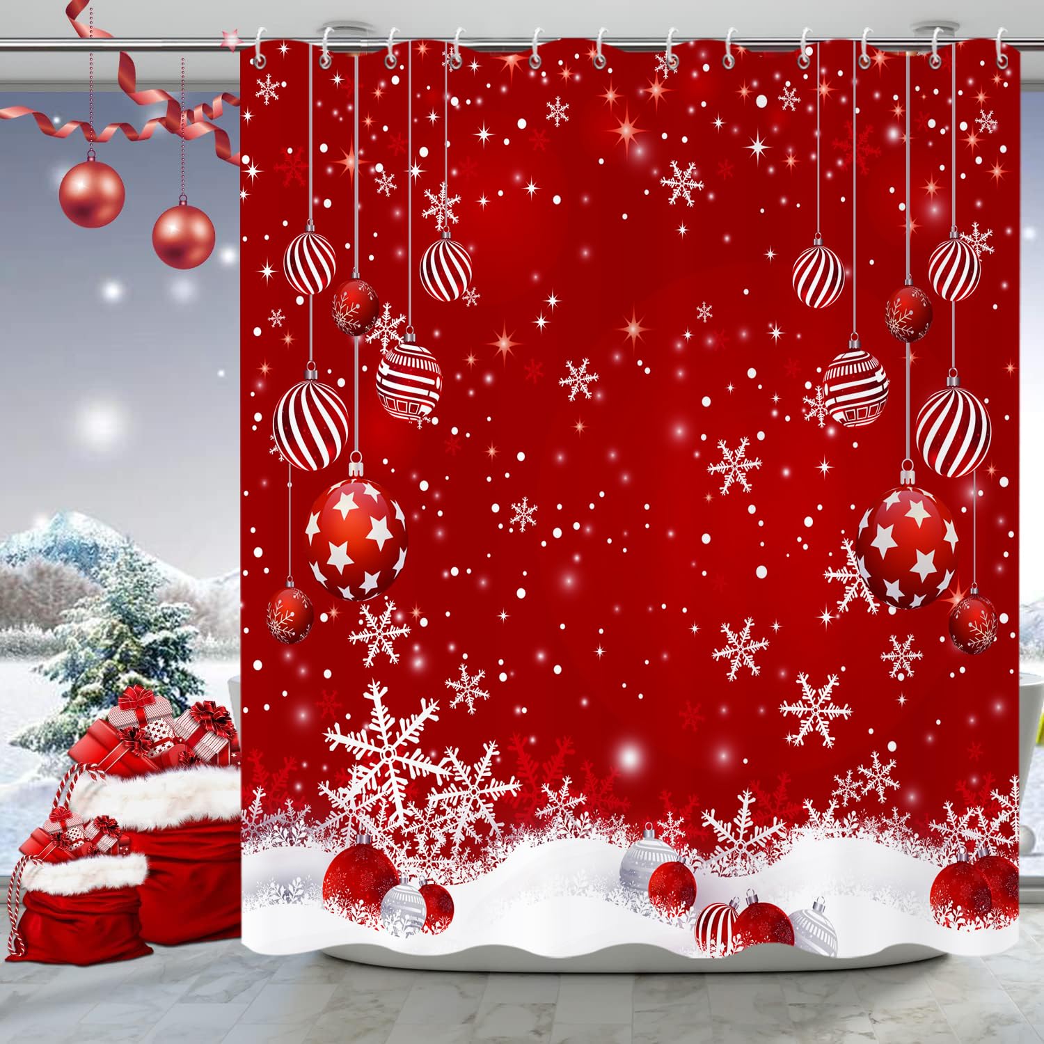 Caheansi Christmas Shower Curtain, Red Merry Xmas Glitter Sparkle Bokeh Snowflake Winter New Year Holiday Bathroom Curtain Water