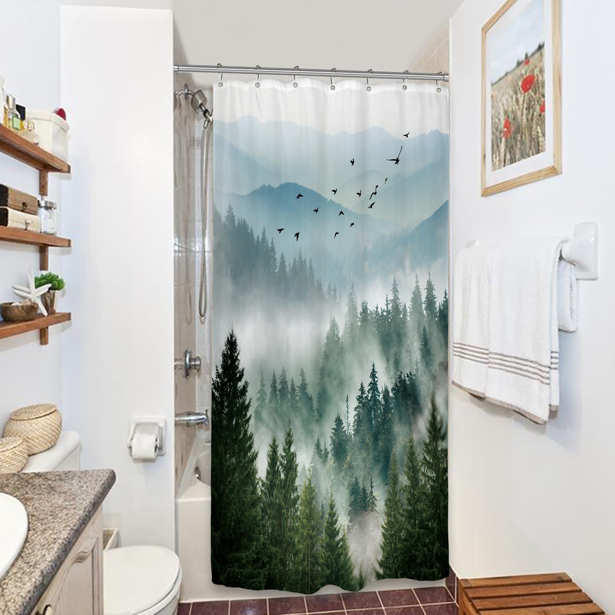 Riyidecor Small Stall Mountain Shower Curtain 36Wx72H Inch Green Rv Single Rustic Foggy Misty Nature Pine Tree Scenery Woodland