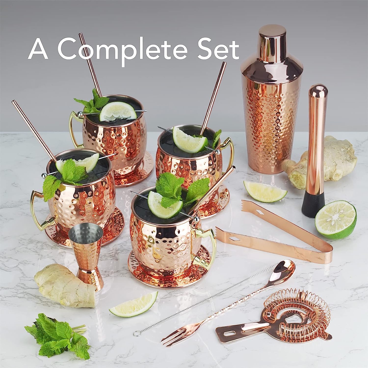 Arora Moscow Mule Barware Set - 23Pc - Copper Plated Stainless Steel - Professional Bar Tools For Drink Mixing, Home, Bar, Party