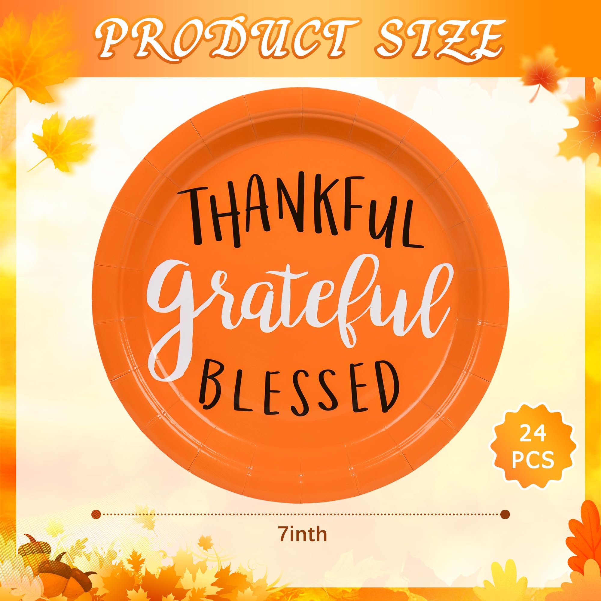 AllReal 24Pcs Thankful Grateful Blessed Paper Plates Fall Thanksgiving Disposable 7 Orange Dessert Plate for Harvest Autumn Part