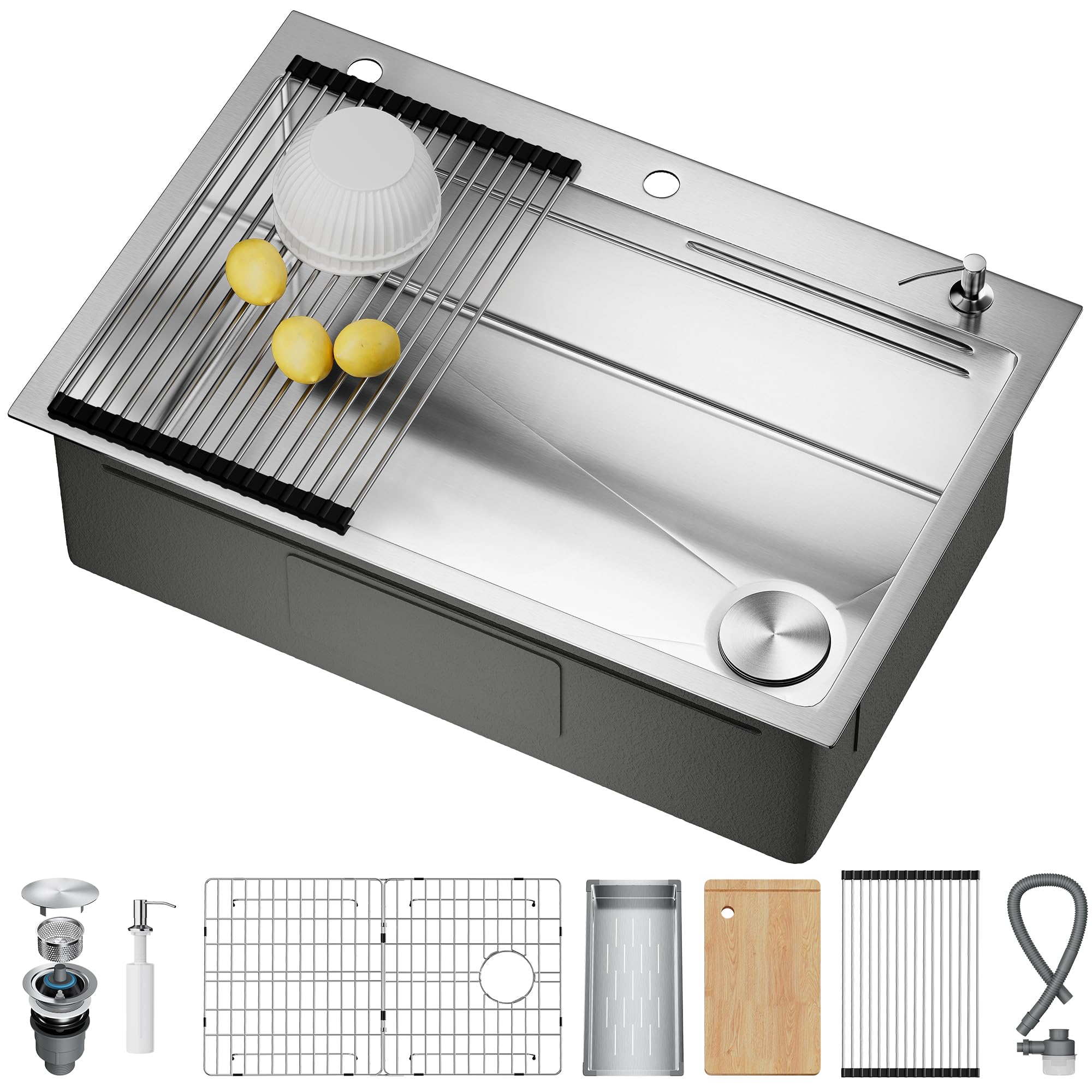 CAMMOO 33X22 Drop In Kitchen Sink with Pop-Up Drain, Stainless Steel Workstation Sink, Upgraded Fast Drain & Anti-Clog, Topmount