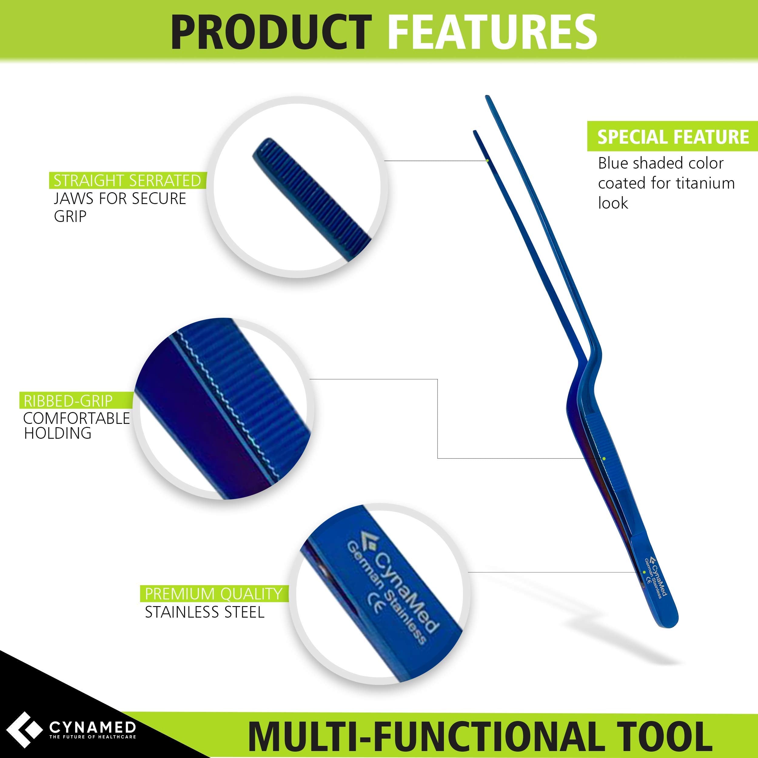 Cynamed 10    Kitchen Premium Tongs Tweezers Stainless Steel, Long With Precision Serrated Tips (Blue, Bayonet)