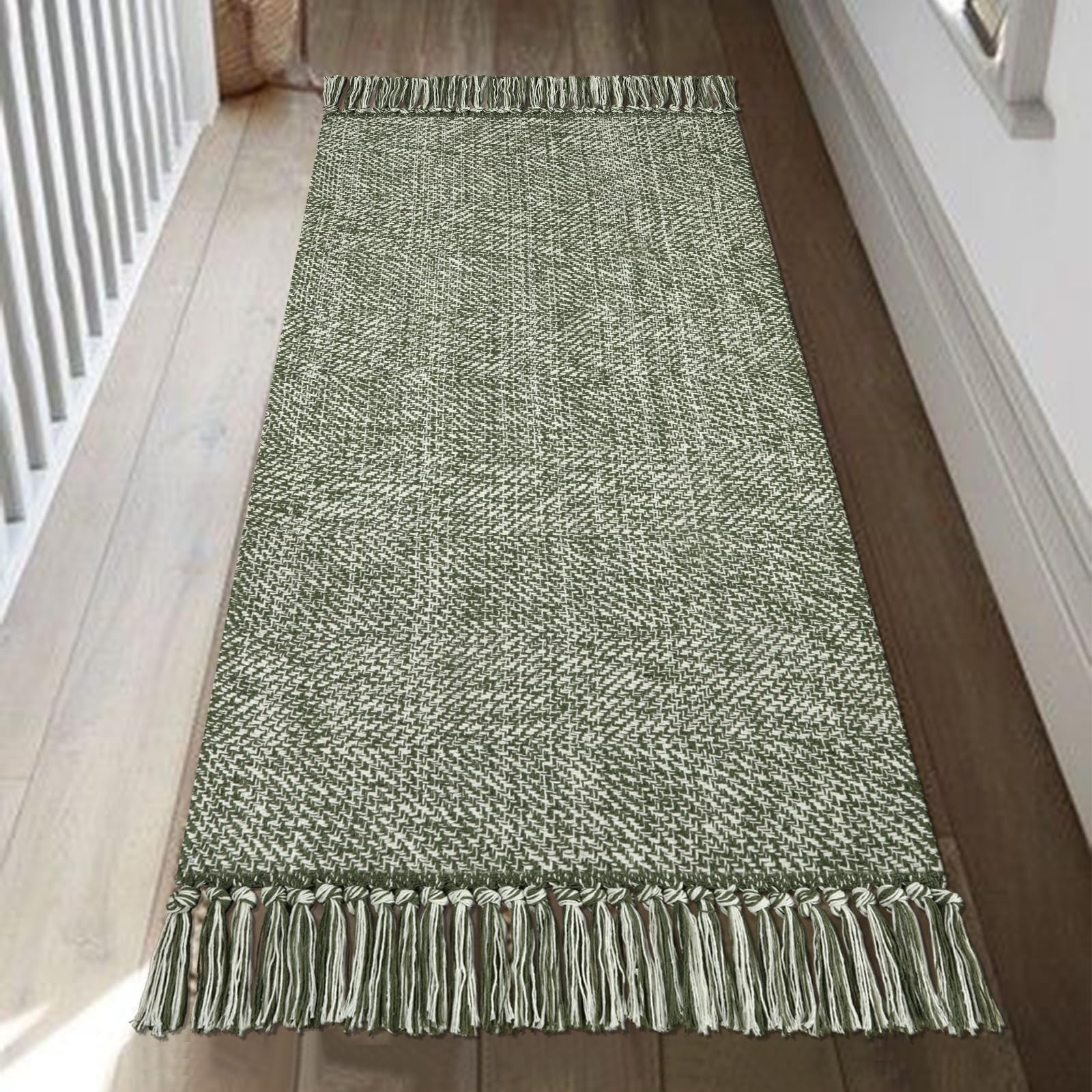Collive Kitchen Runner Rug, 2 x 4.3 Hand-Woven Reversible Washable Rug, Olive Green/Cream Cotton Modern Farmhouse Bathroom Rug