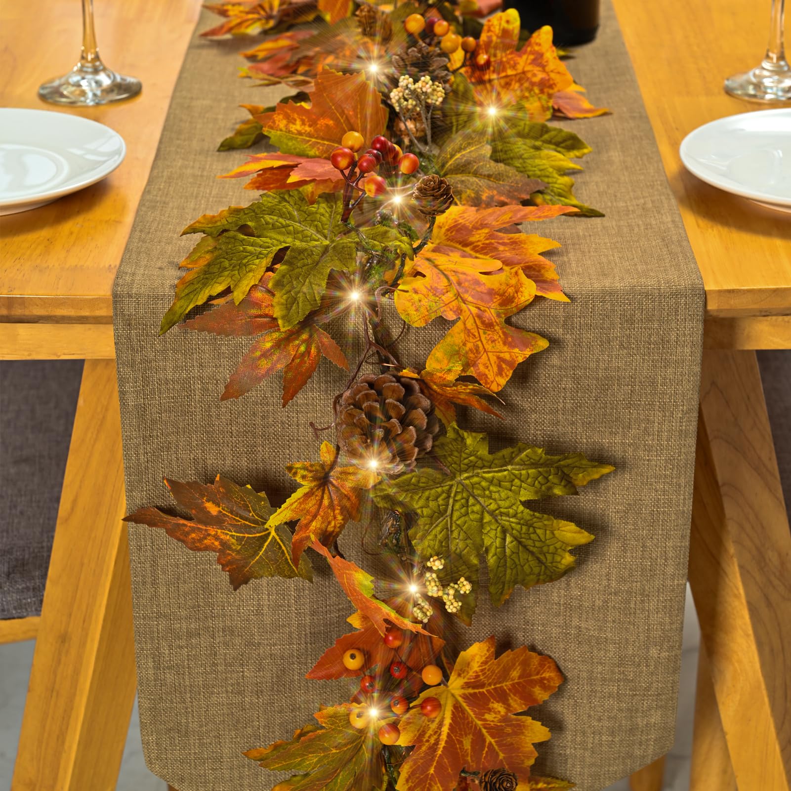 Artgar Fall Maple Leaf Garland, 6 Ft Fall Decor Garland with Pine Cones Berries, Harvest Decor Garlands with 30 Warm Lights for 
