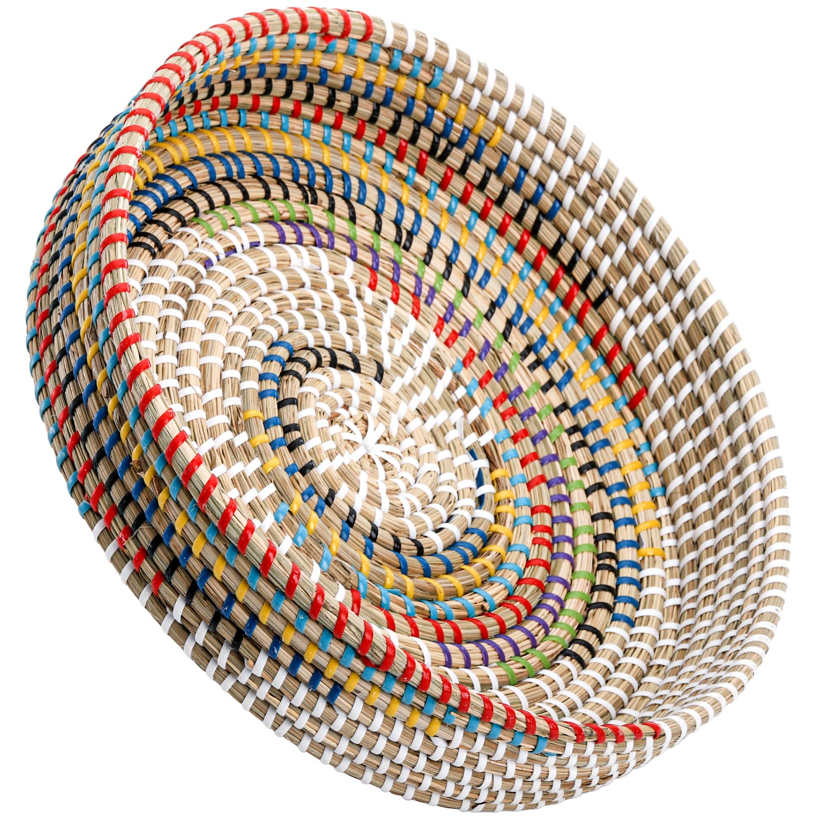 SOUJOY 12 Woven Seagrass Serving Tray, Rattan Serving Tray, Handmade Round Ottoman Fruit Tray, Colorful Coffee Table Decorativ