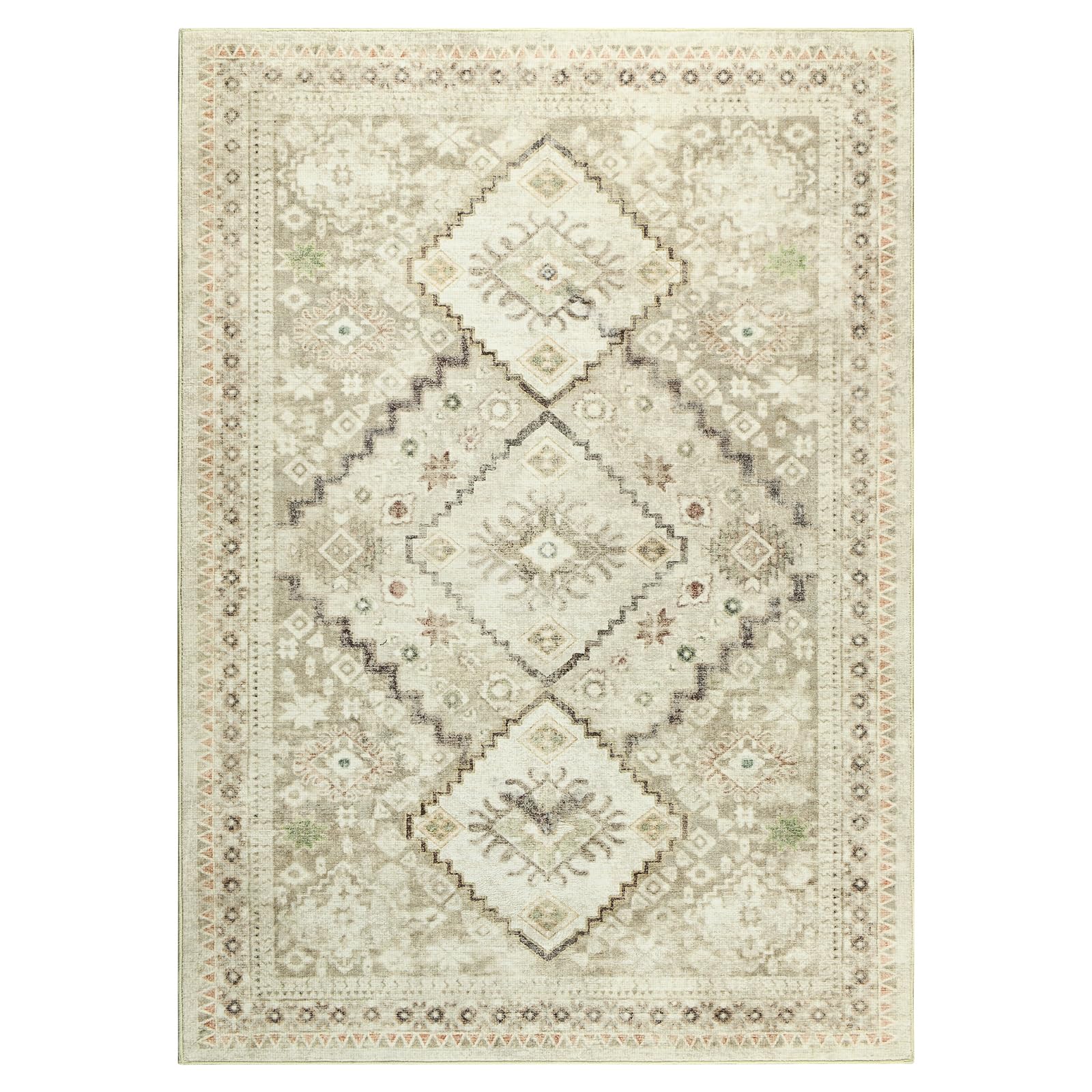Washable Rug 4x6 Area Rug Beige Vintage Floral Print Nonslip Thin Foldable Carpet for Living Room Bedroom Kitchen and Bathroom T