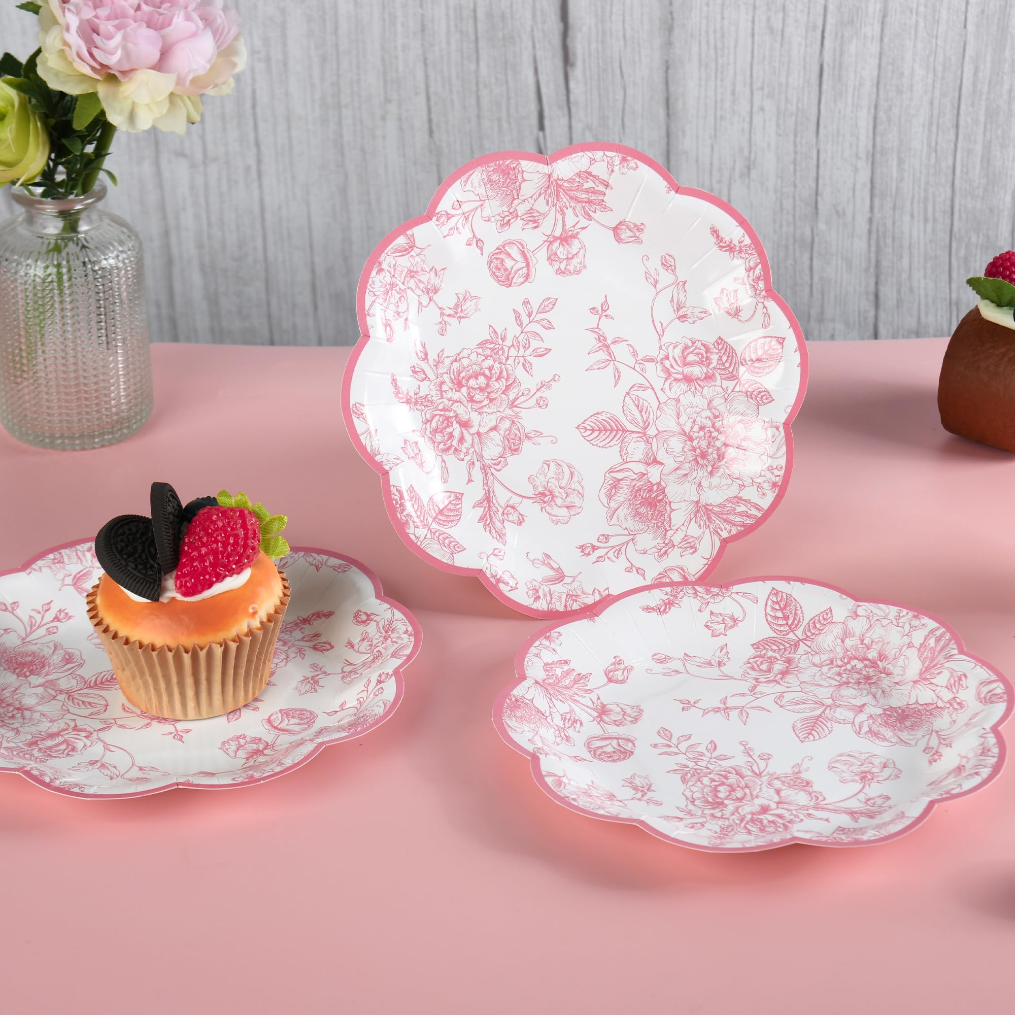 Elyxio Pink Floral Party Plates Vintage Floral Leaf Disposable Paper Plates Wildflower Pink Toile 7'' Scalloped Rim Dessert Plat