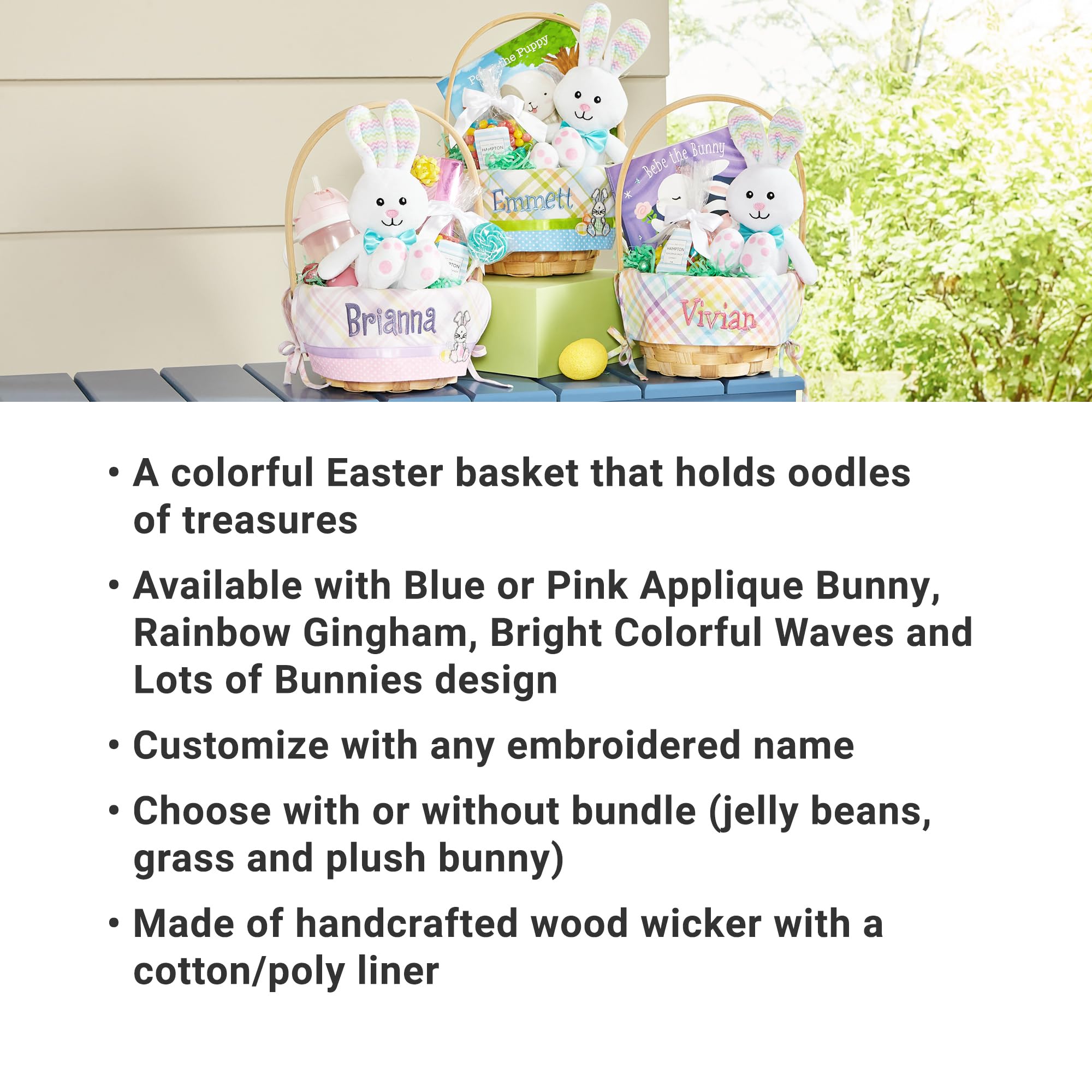 Let'S Make Memories Personalized Easter Basket - Create Your Own - Wicker Basket - Embroidered Liner - Medium - Blue Bunny Appli