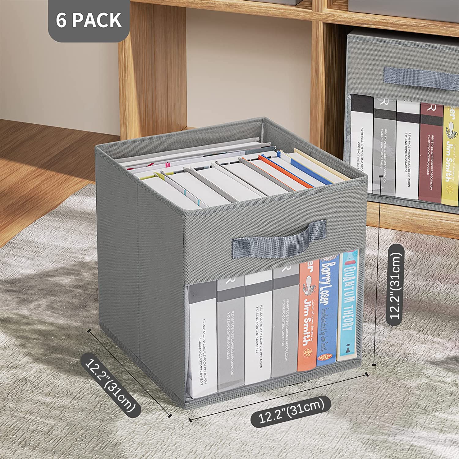 DIMJ Storage Cubes  12 Inch Cube Storage Bins with Window  Fabric Organizer Bins with Handle  Storage Baskets for Shelves  Storage Box for Clothes  Toys  Books (6 Packs  Grey)