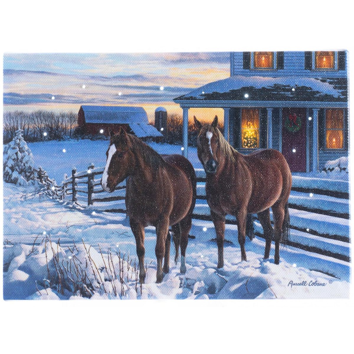 Demagnnie Led Lighted Animals Canvas Wall Art With Timing Function, Two Horses In Winter Small Wall Paintings Print With Stand,