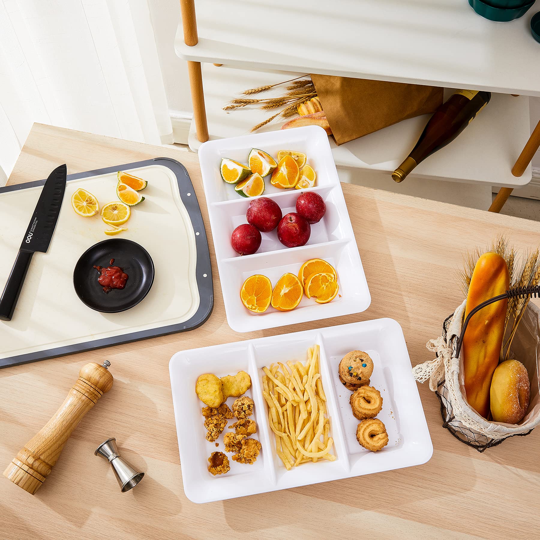 Lullaby 3 Sectional Plastic Serving Tray 14.2'' X 9'', 3 Pack White Serving Platters For Cheese Cracker Food, Durable And Reusab