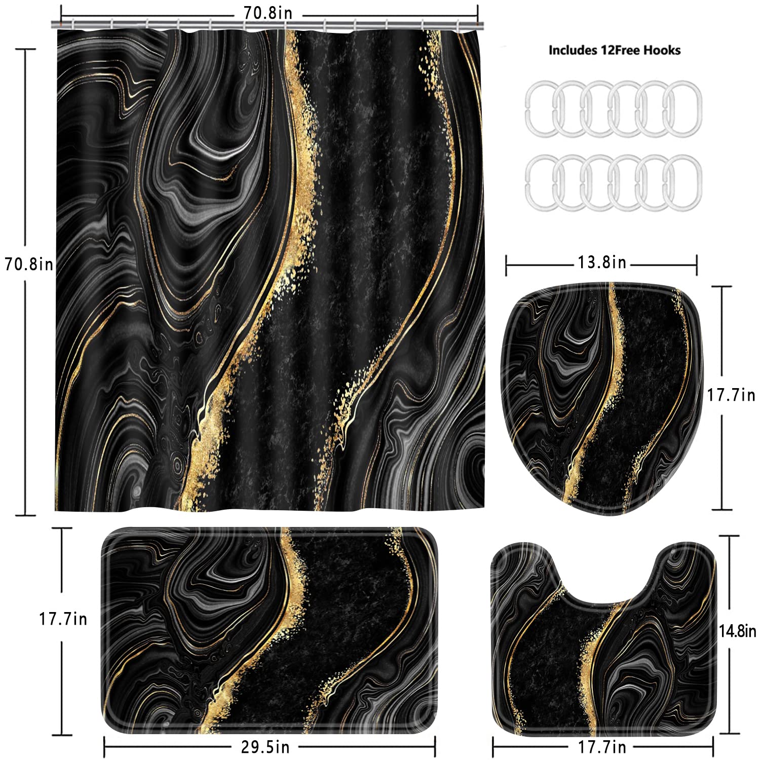 Nkzply 4 Pcs Black Marble Shower Curtain Sets with Rugs Gold Bathroom Sets with Shower Curtain and Rugs Modern Abstract Bathroom Decor Accessories Shower Curtains for Bathroom Toilet Lid Cover