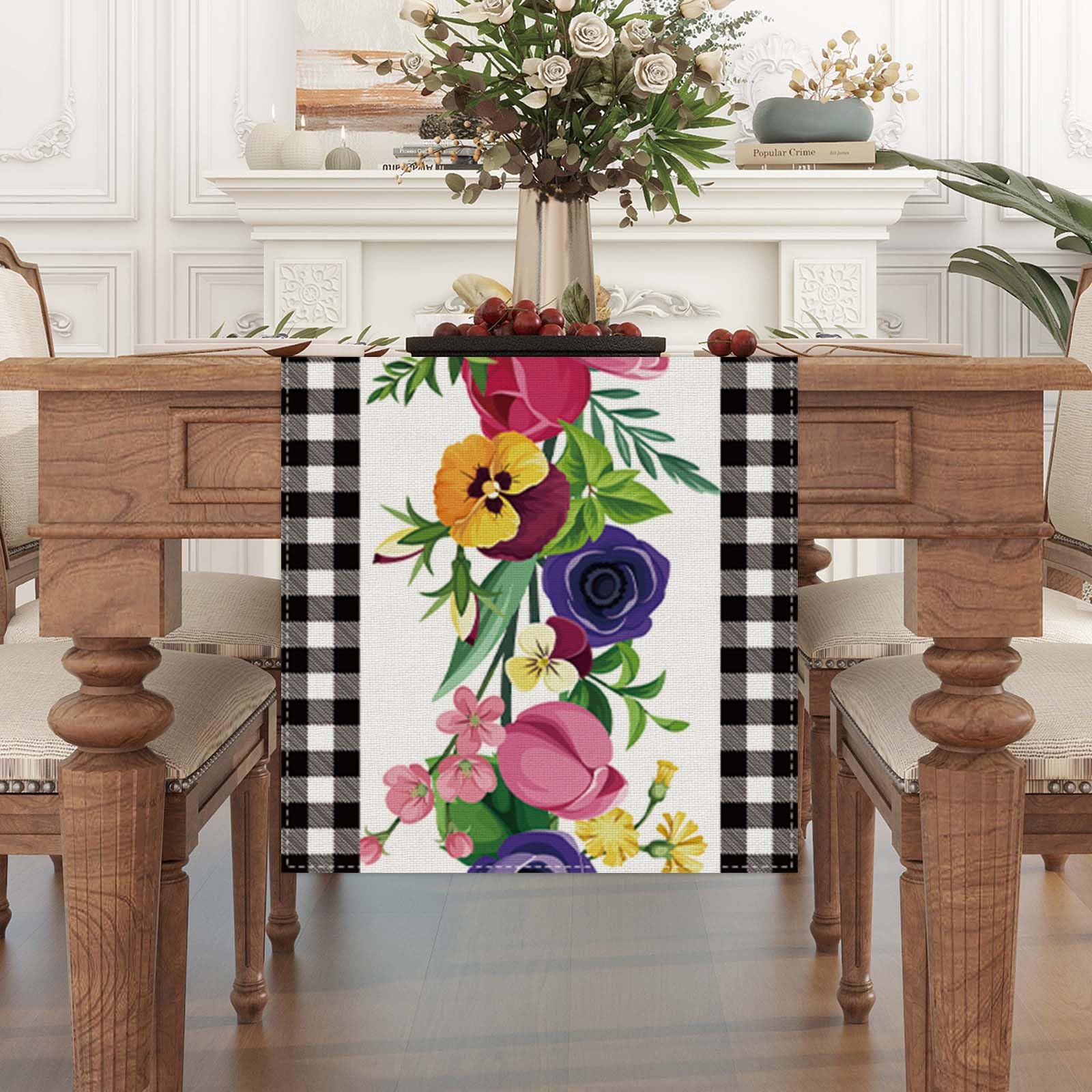 Linen Black And White Buffalo Check Plaid Spring Table Runner 72 Inches Long Farmouse Spring Summer Easter Watercolor Floral Tab