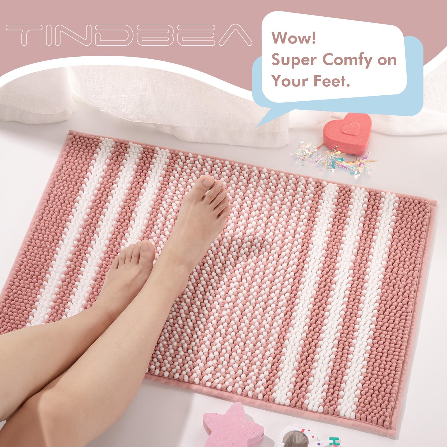 Tindbea Bathroom Rugs Set 2 Piece, Extra Soft And Absorbent Fluffy Striped Chenille Bath Mat Rug Set, Non Slip Bathroom Floor Ma