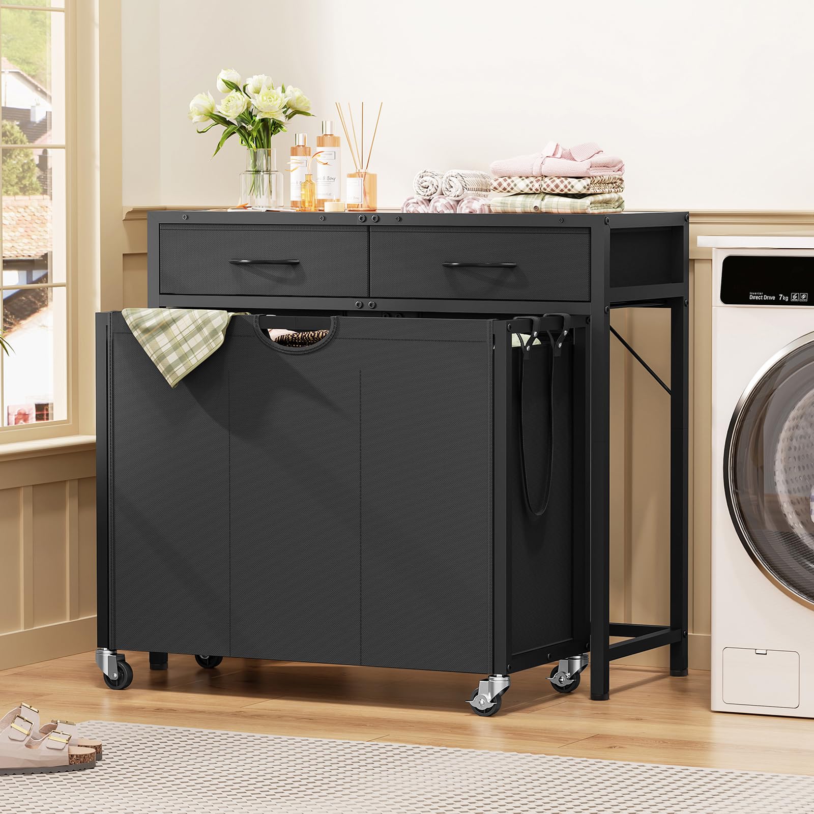 Laundry Sorter, Rolling Laundry Hamper With 3 Section Pull-Out Bags, Laundry Basket Organizer With 2 Drawers & 2-Tone Top Panel,