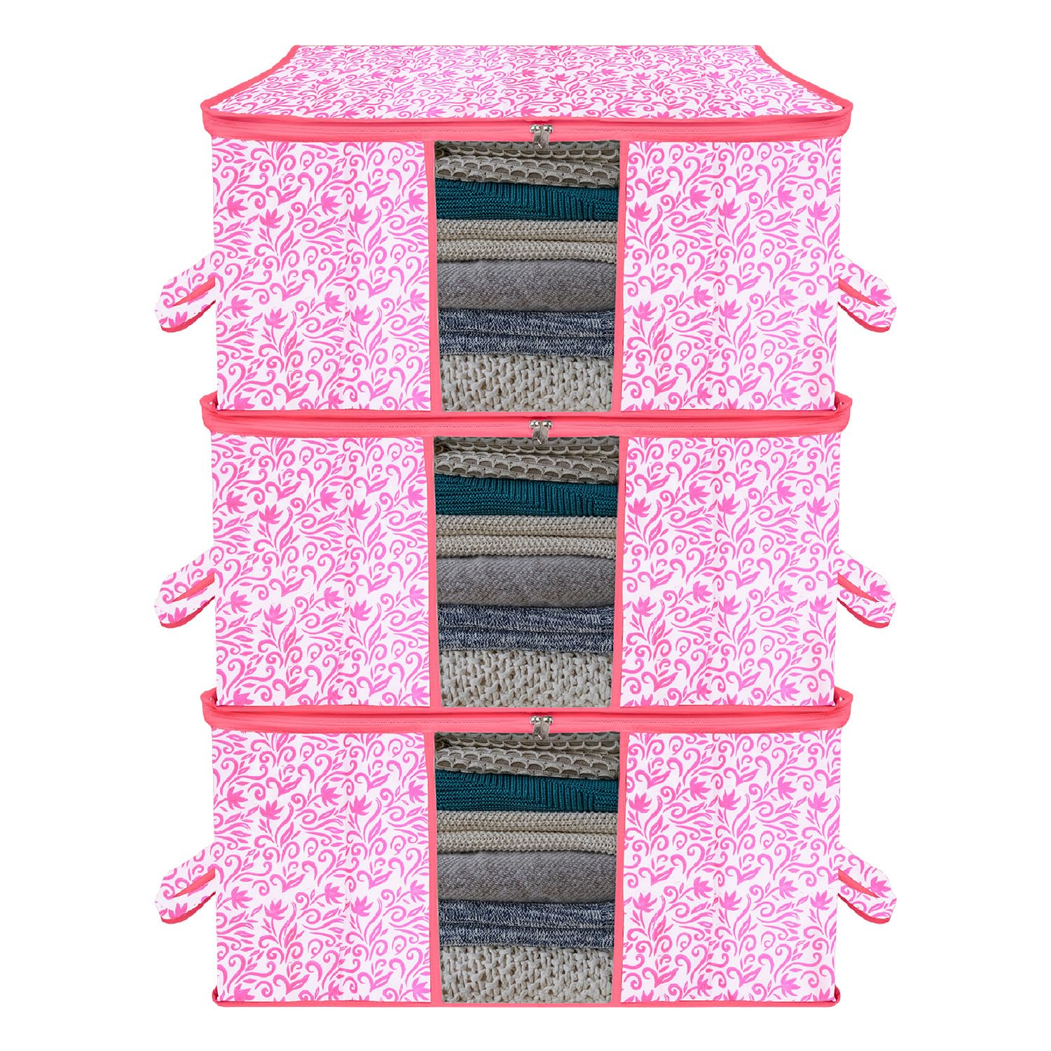 Kuber Industries Underbed Storage Bag|NonWoven Leaf Print Blanket Cover|Razai Cover|Duvet Cover Transparent Window & Handle|Lar