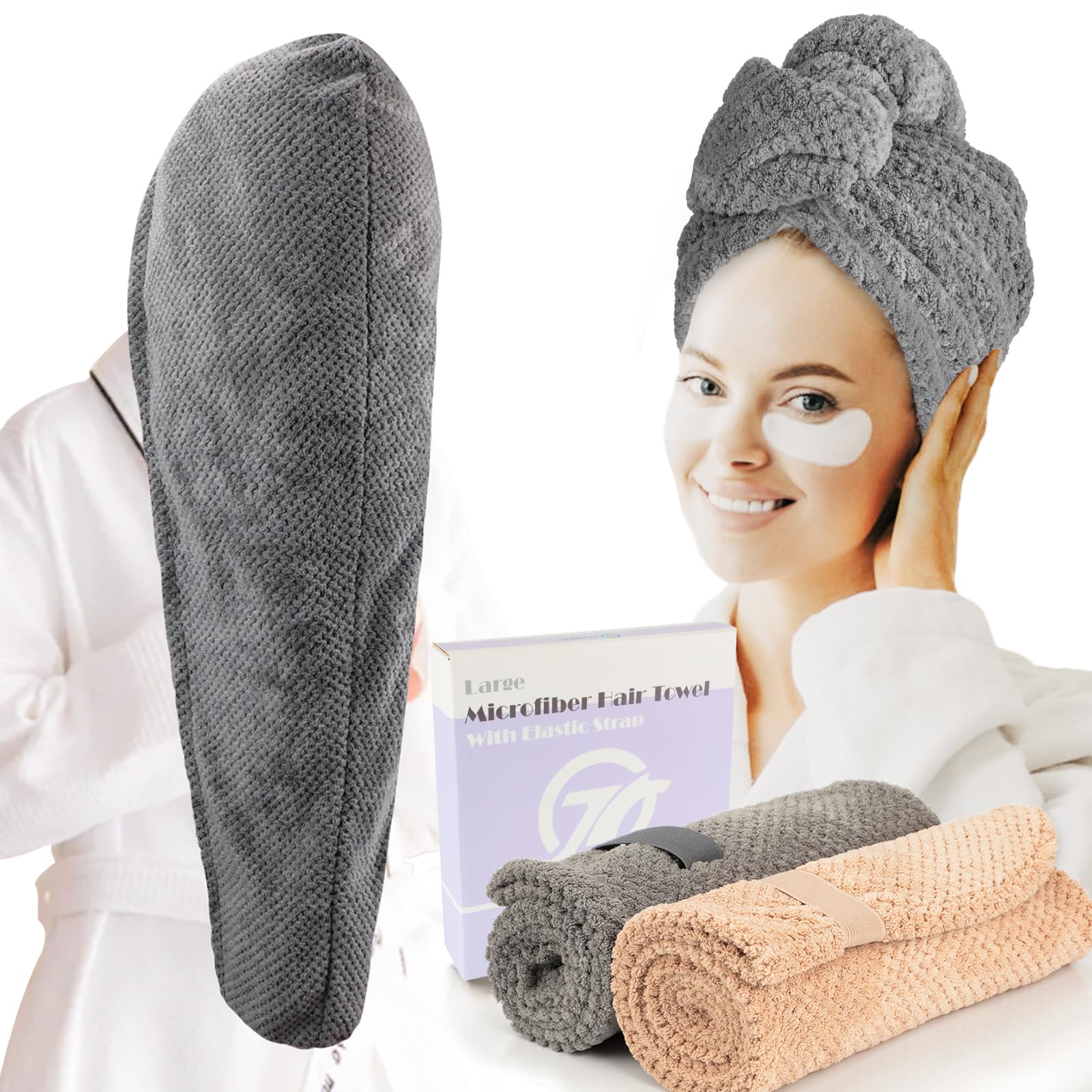 FREATECH 2-Pack Large Microfibre Hair Towel Wrap 34 x 10 in, Thicken Super Absorbent Hair Turbans for Wet Hair, Anti-frizz Hair