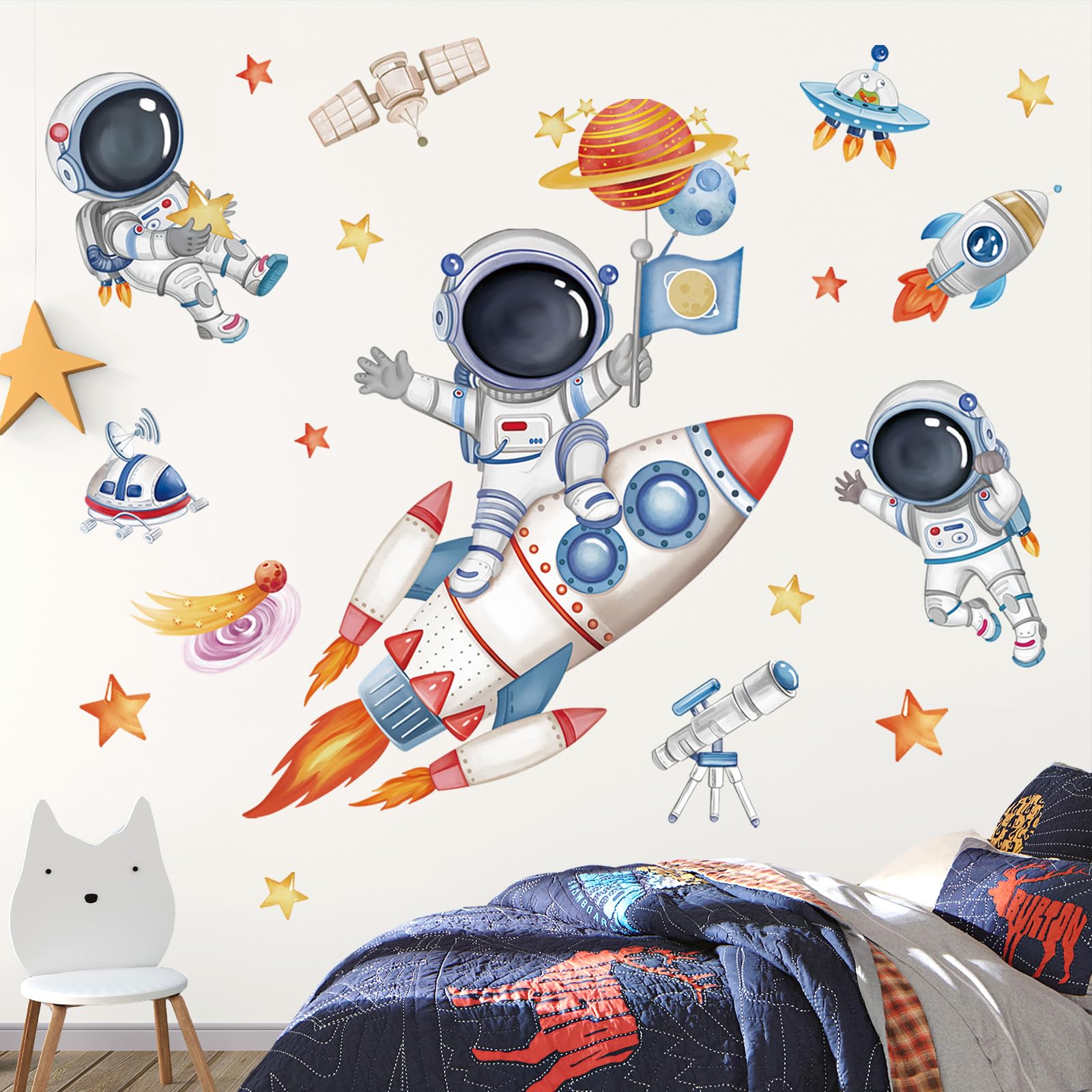 Wondever Rocket Astronaut Wall Stickers Universe Space Planet Outer Space Peel And Stick Wall Art Decals For Baby Nursery Kids B