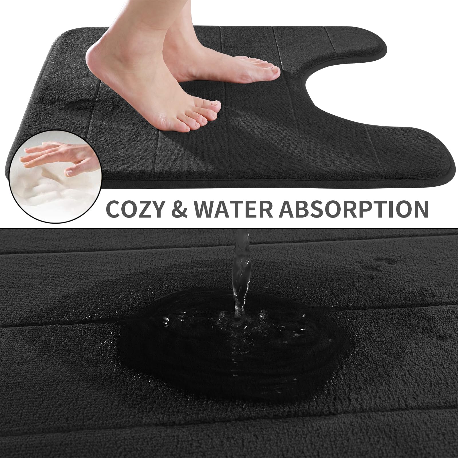 Yimobra Memory Foam Toilet Bath Mat U-Shaped  Commode Contour Rug  Soft and Comfortable  Super Water Absorption  Non-Slip  Thick  Machine Wash and Easier to Dry for Bathroom  24 X 24 Inches  Black