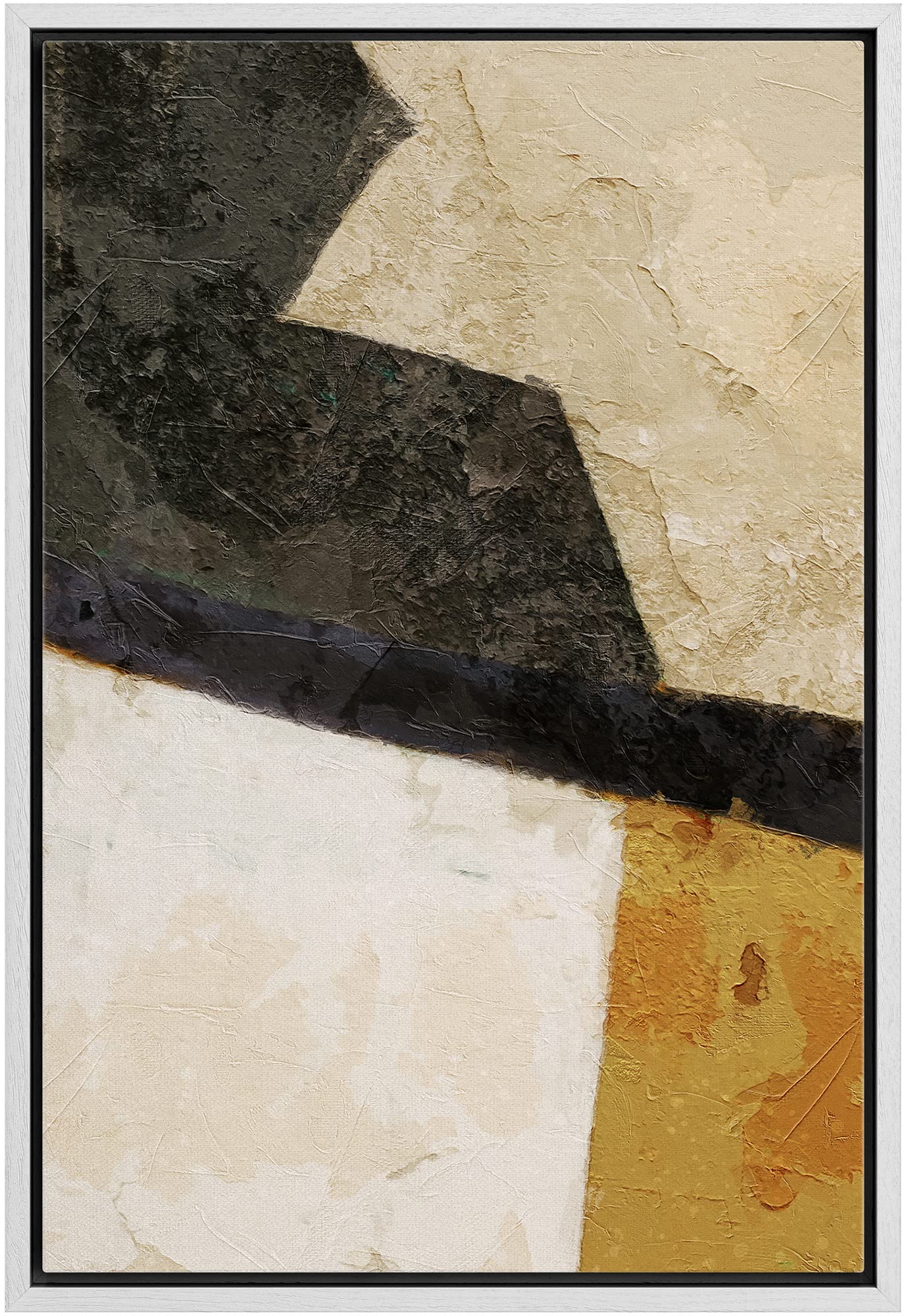 Ashbrook Framed Canvas Print Wall Art Black, Yellow And Tan Geometric Polygon Collage Abstract Shapes Illustrations Modern Conte