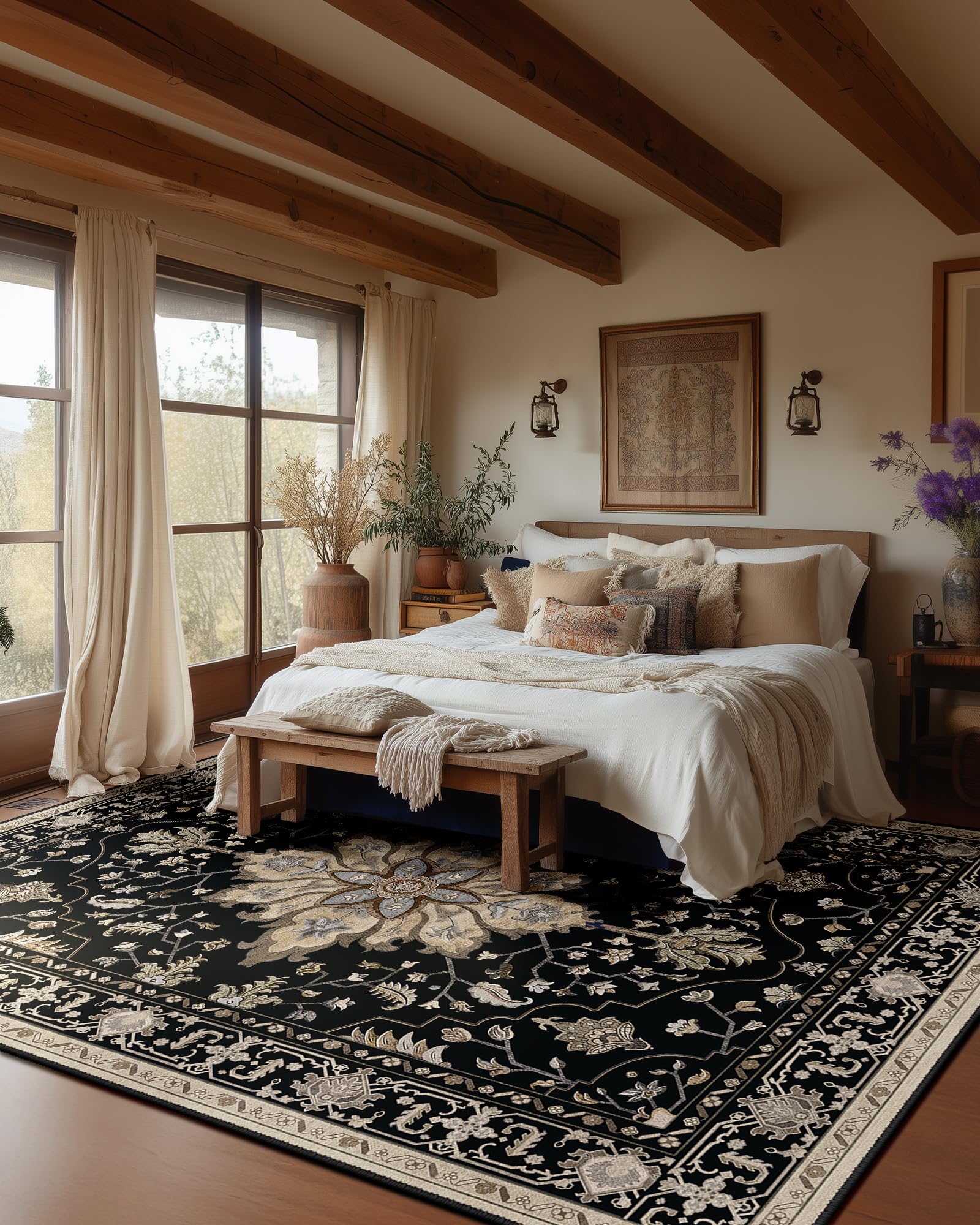 RELEANY Area Rugs 10x14 Washable Non-Slip, Floral Vintage Distress Print Pattern Medallion Carpet for Living Room Bedroom Dini