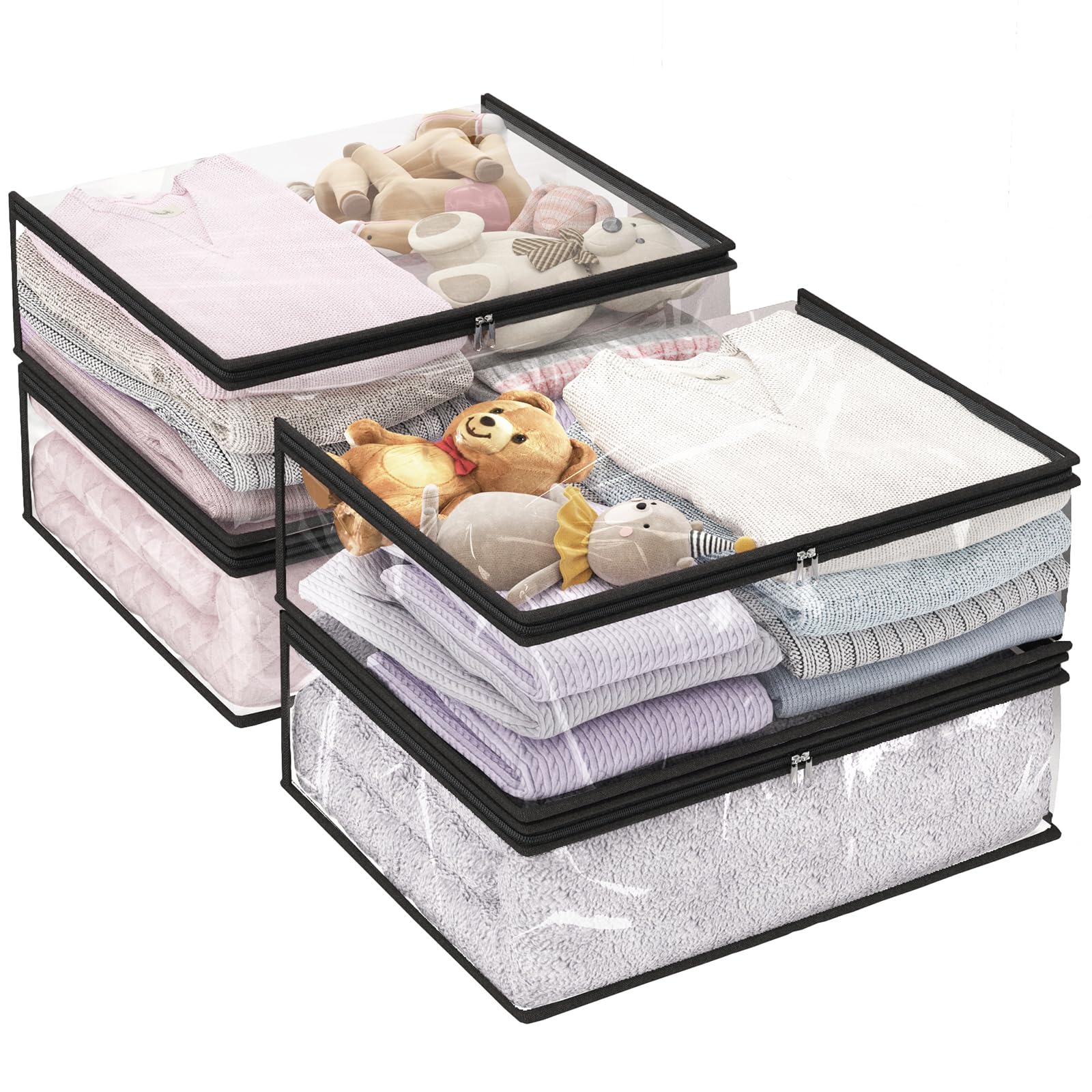 Fixwal 4pcs Clear Storage Boxes, 35L/9.5Gal, PVC Fabric, Zipper, for Clothes, Blankets, Bed Sheets, Closet Organizer