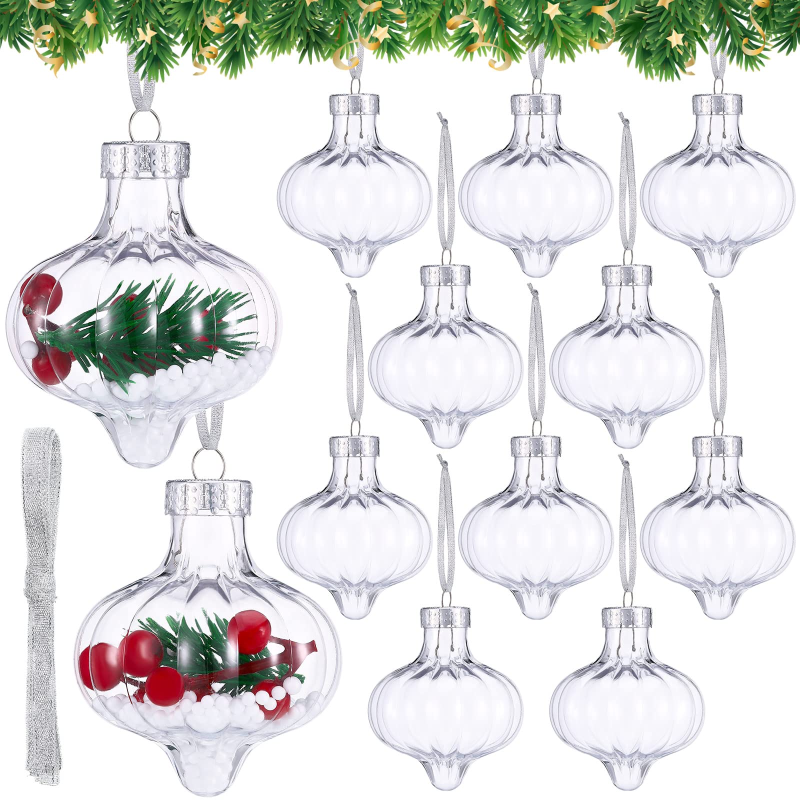 Leitee 12 Pcs Christmas Plastic Ornament Balls, 3 Inches Lantern Shape Fillable Clear Ornaments Balls with Screw Off Caps and Ro